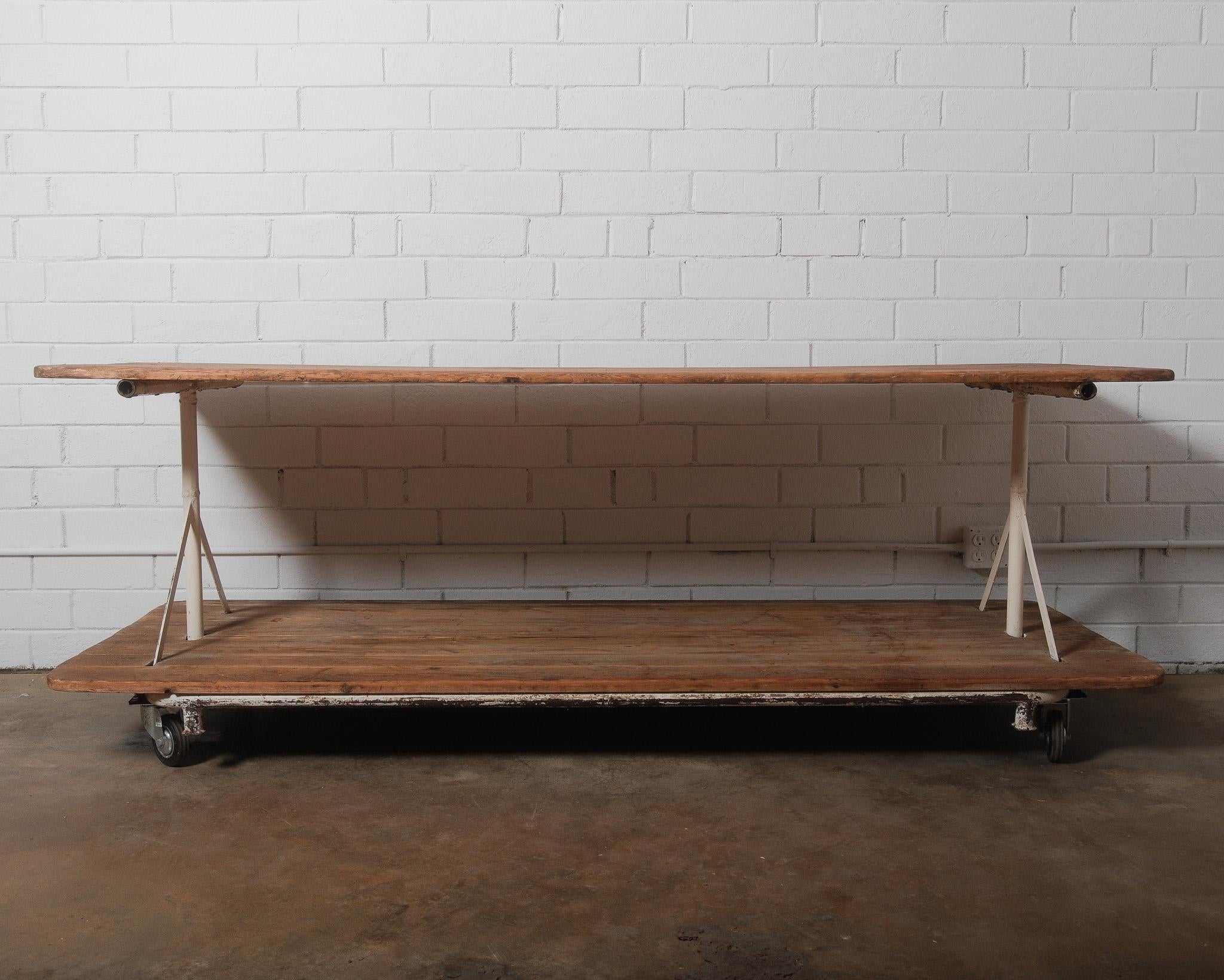 Vintage Industrial Factory Cart Table with Two-Tier Pine Plank Surface For Sale 3