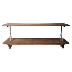 Vintage Industrial Factory Cart Table with Two-Tier Pine Plank Surface