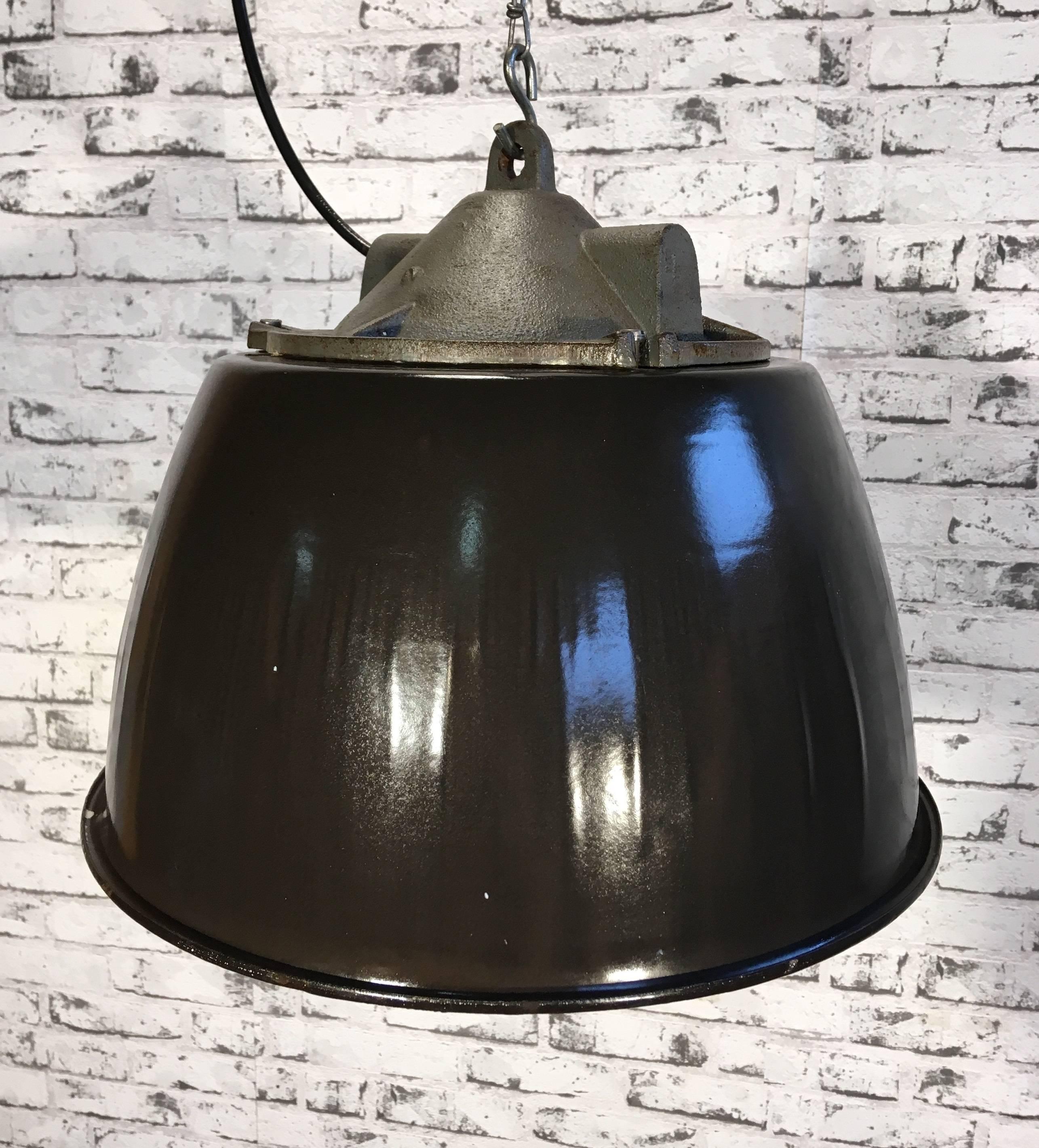 Czech Vintage Industrial Factory Pendant Light, Black Enamel Shade Cast Iron Top