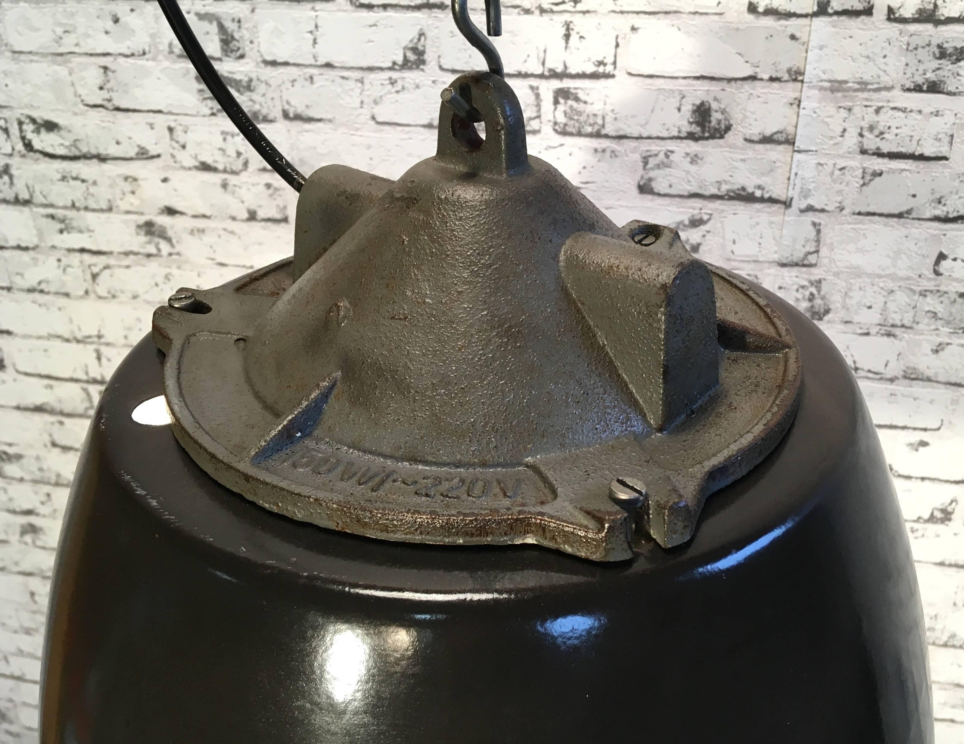 Vintage Industrial Factory Pendant Light, Black Enamel Shade Cast Iron Top In Good Condition In Kojetice, CZ