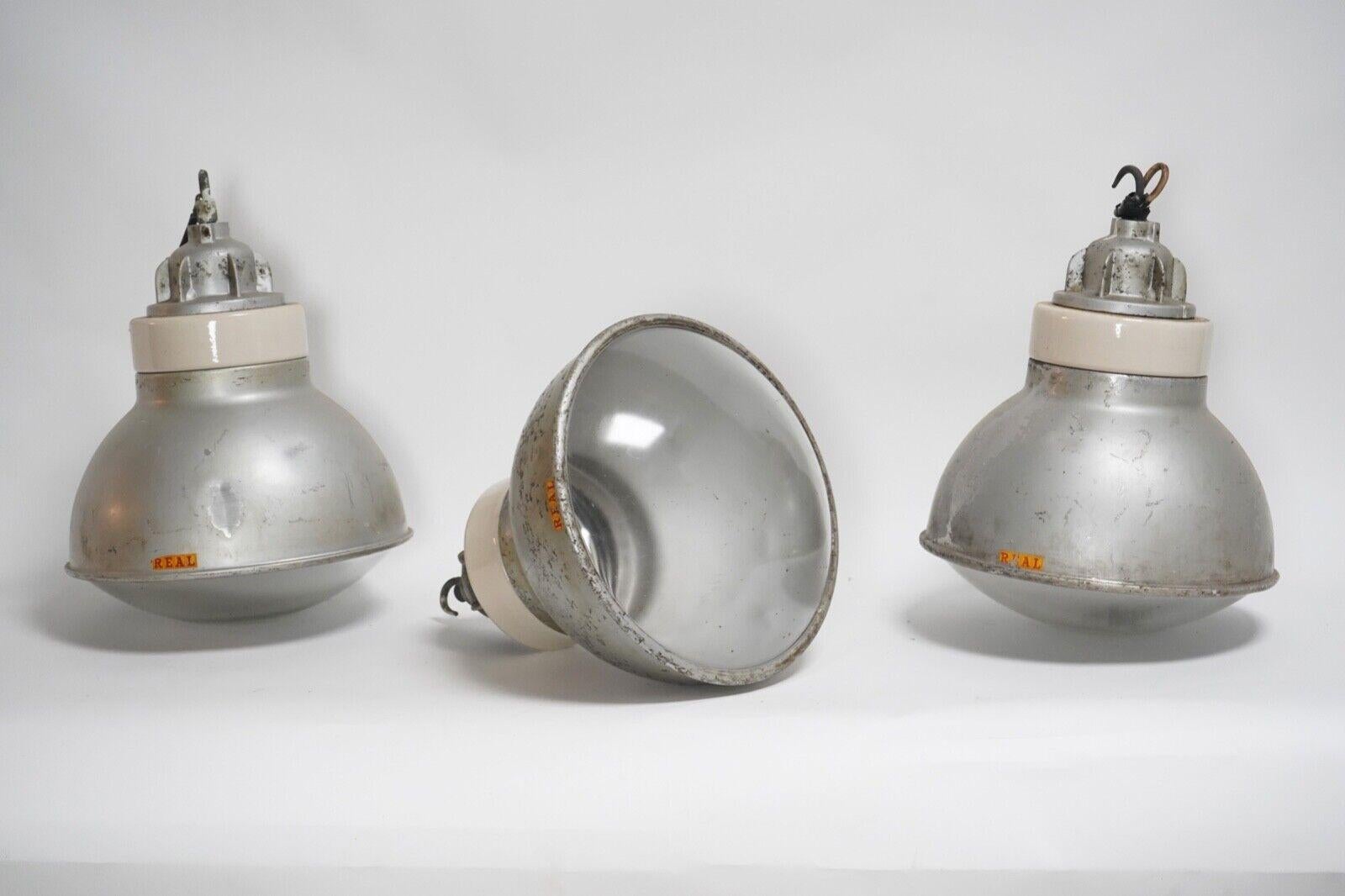 Vintage Industrial Factory Pendant Lights by Simplex - Aluminium & Glass Lamp In Good Condition For Sale In Dorchester, GB