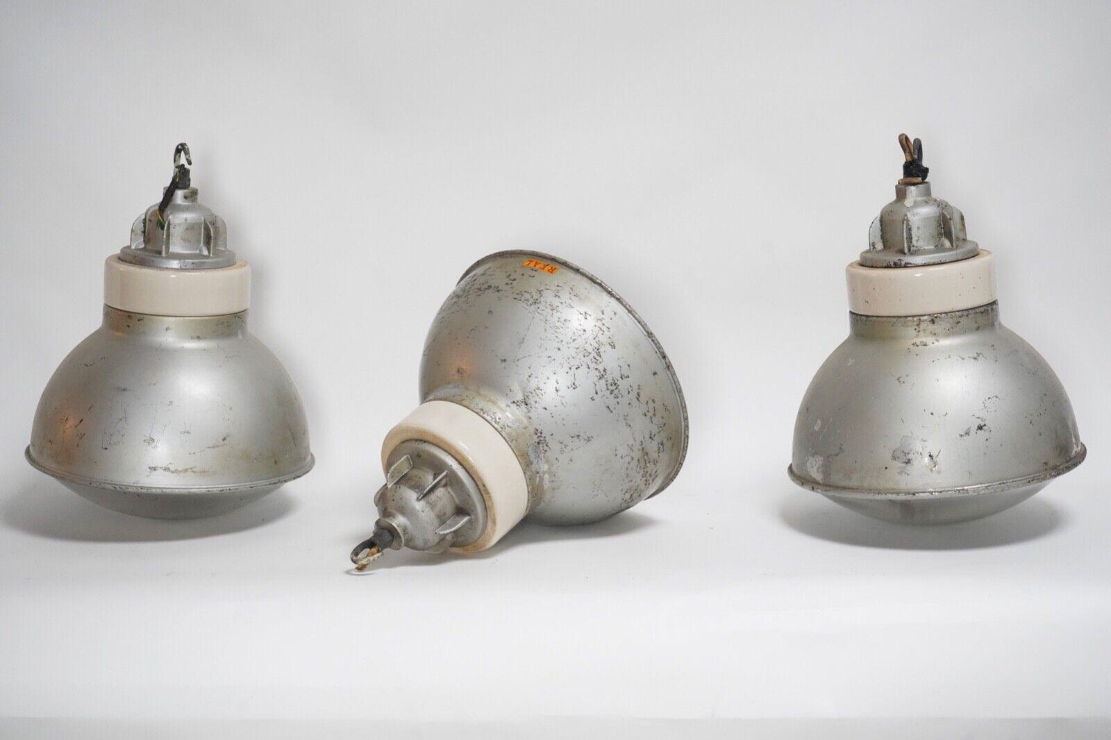 Metal Vintage Industrial Factory Pendant Lights by Simplex - Aluminium & Glass Lamp For Sale