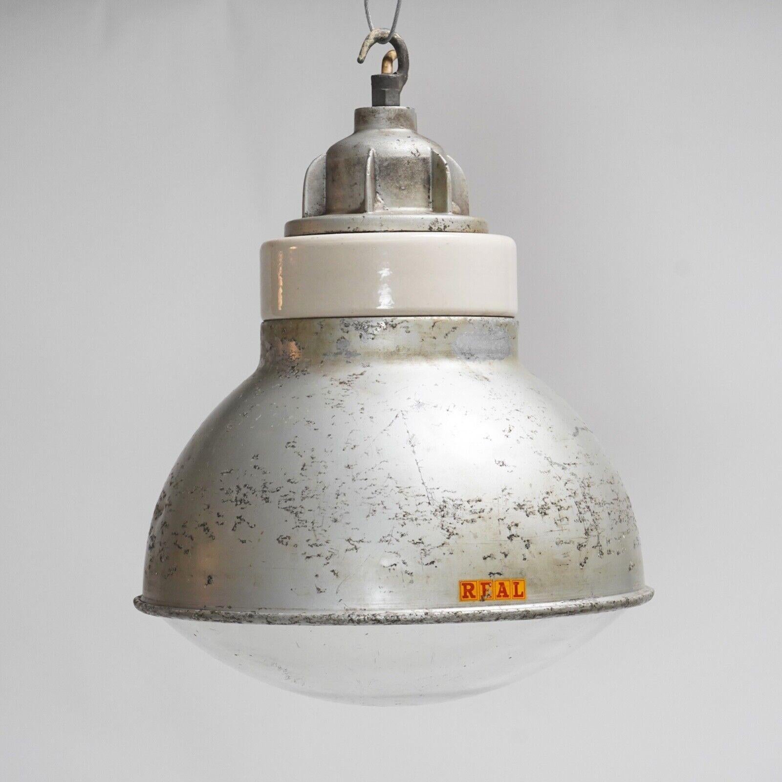 Vintage Industrial Factory Pendant Lights by Simplex - Aluminium & Glass Lamp For Sale 1