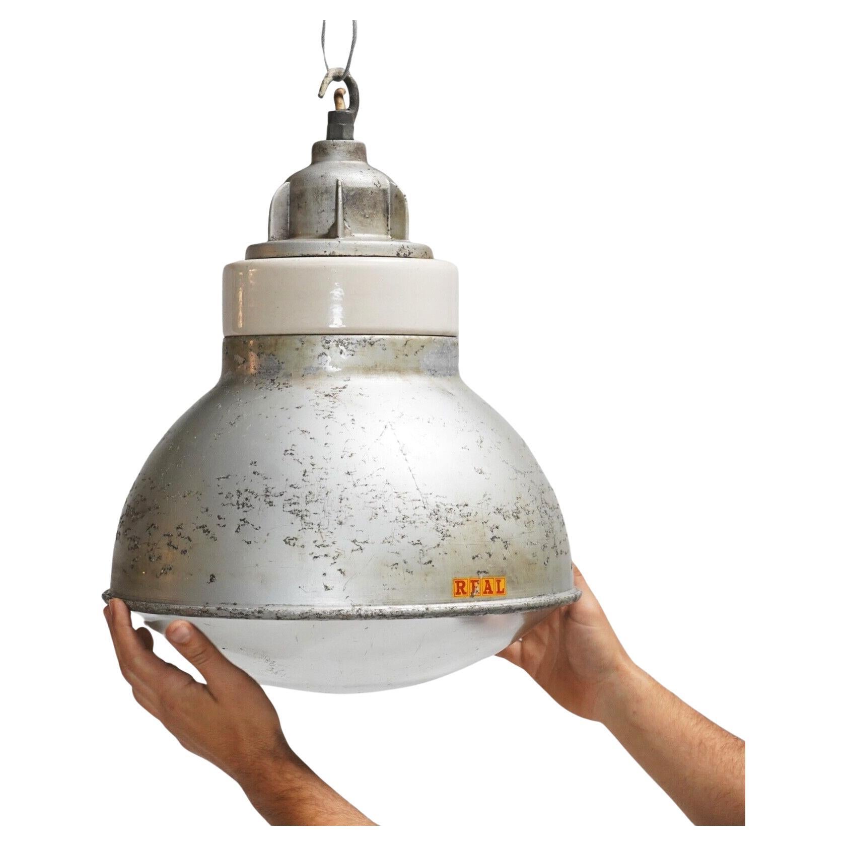 Vintage Industrial Factory Pendant Lights by Simplex - Aluminium & Glass Lamp For Sale