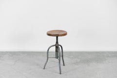 Vintage Industrial Factory Adjustable Swivel Metal & Wood Stool, 1950s