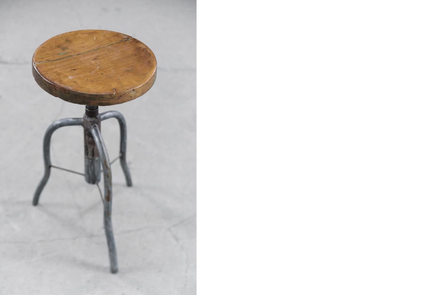 Polish Vintage Industrial Factory Adjustable Swivel Metal & Wood Stool, 1950s