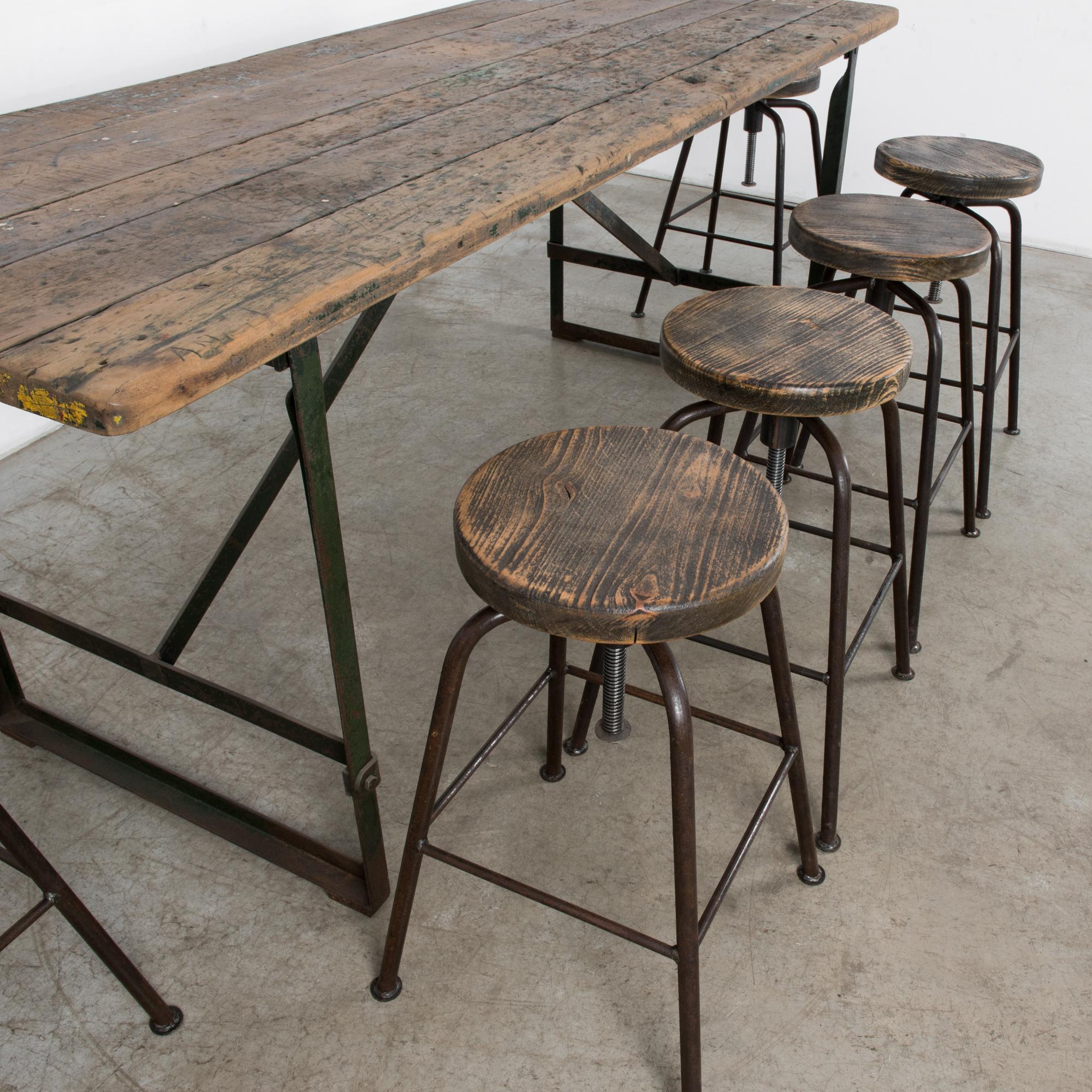 Vintage Industrial Factory Table and Stools, Set of Seven 4