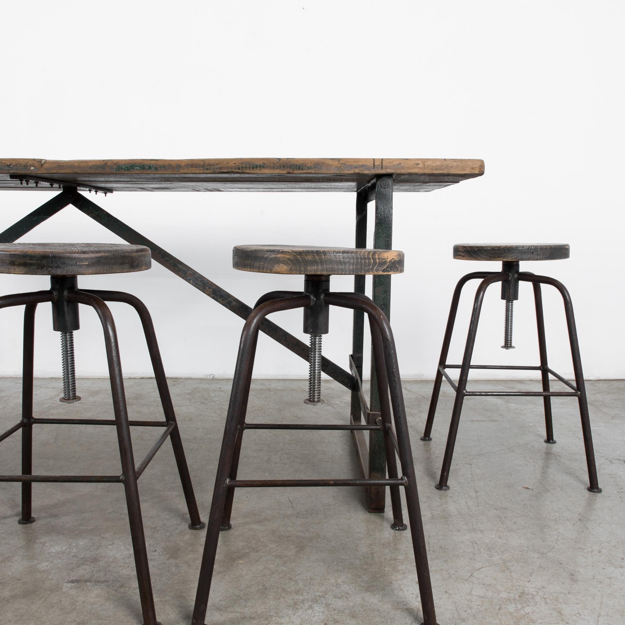 Vintage Industrial Factory Table and Stools, Set of Seven 7