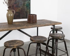 Vintage Industrial Factory Table and Stools, Set of Seven