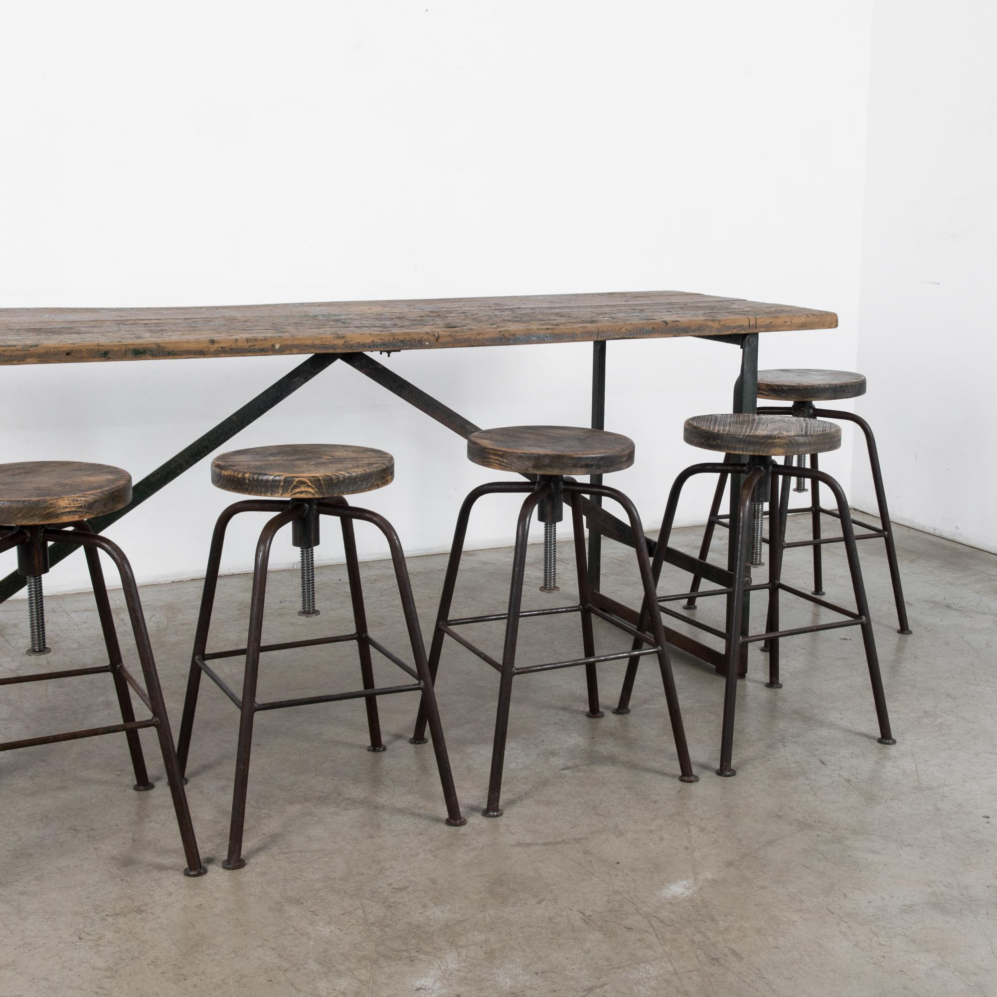 Mid-20th Century Vintage Industrial Factory Table and Stools, Set of Seven