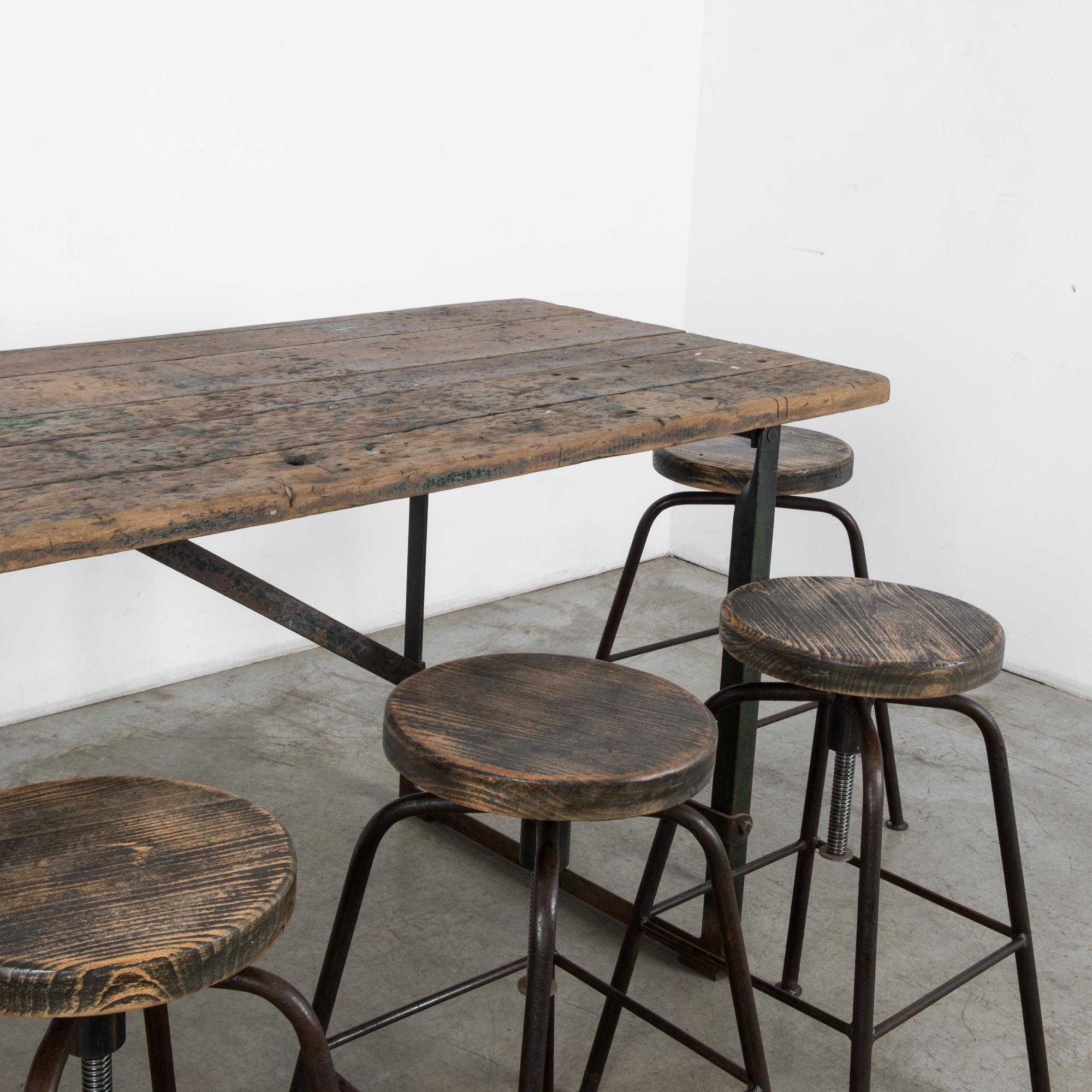 Metal Vintage Industrial Factory Table and Stools, Set of Seven