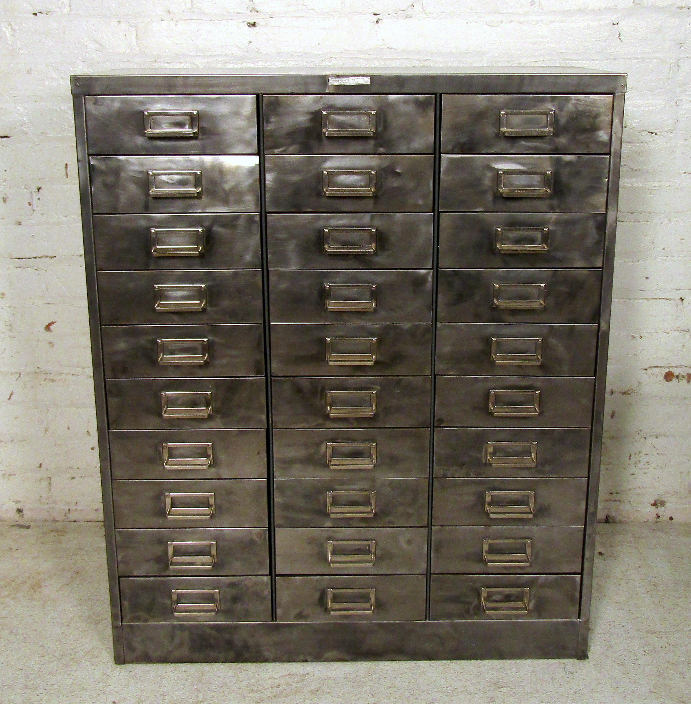 Beautiful industrial metal file cabinet in a bare metal finish.
Please confirm item location (NY or NJ).
     