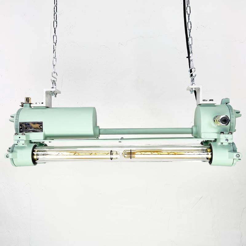 Reclaimed vintage Industrial Korean flameproof striplight made by Daeyang in the 1970's painted aquamarine green. Original item salvaged from supertankers and military vessels where it was used in the engine rooms and was a fluorescent lamp. It has