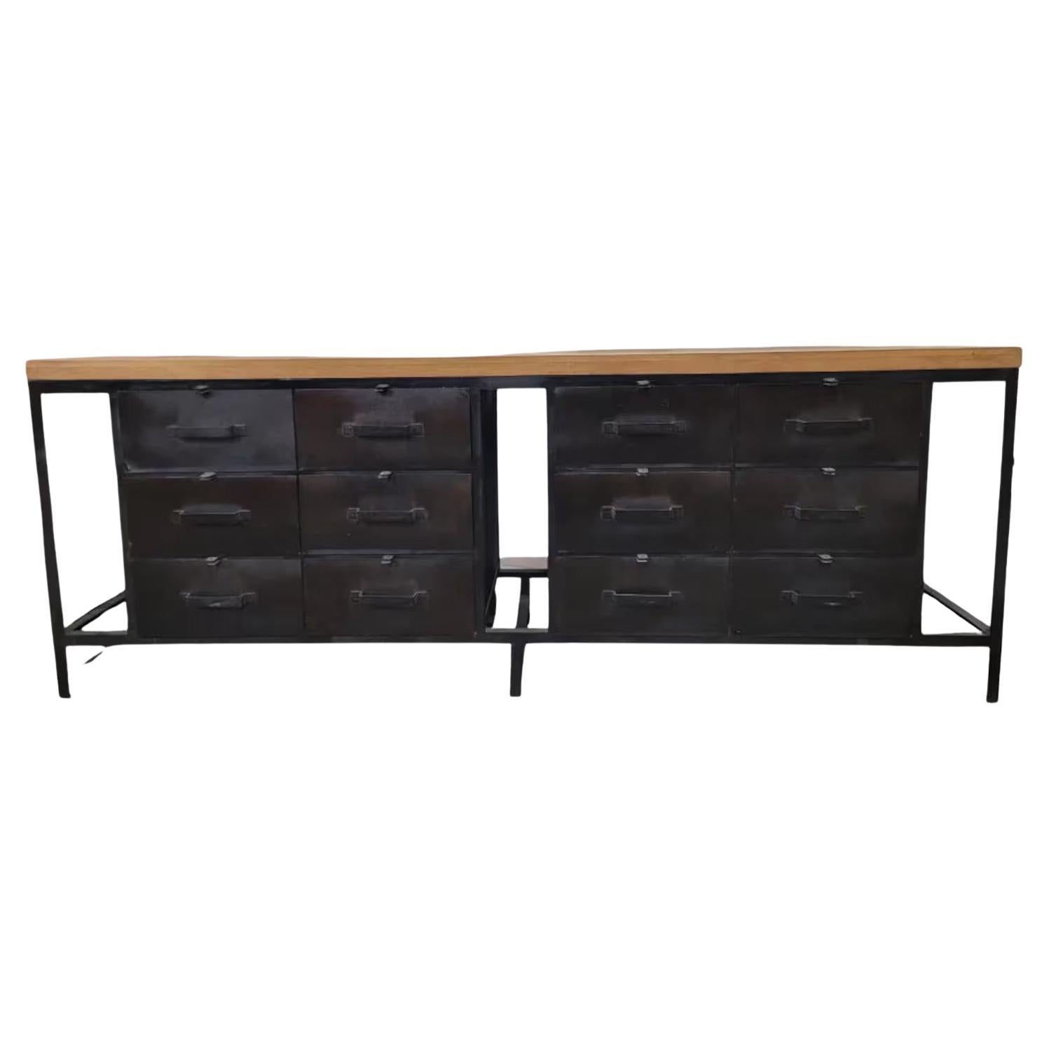 Vintage Industrial Forged Metal Sideboard with Mango Wood Top