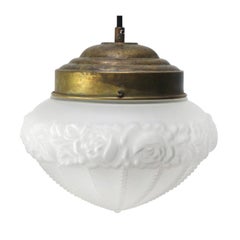 Vintage Industrial Frosted Glass & Brass Pendant Lamp