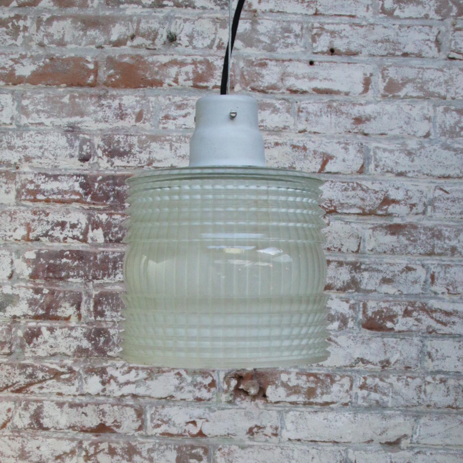 Vintage Industrial Glass Pendant Light by Holophane France In Good Condition In Amsterdam, NL