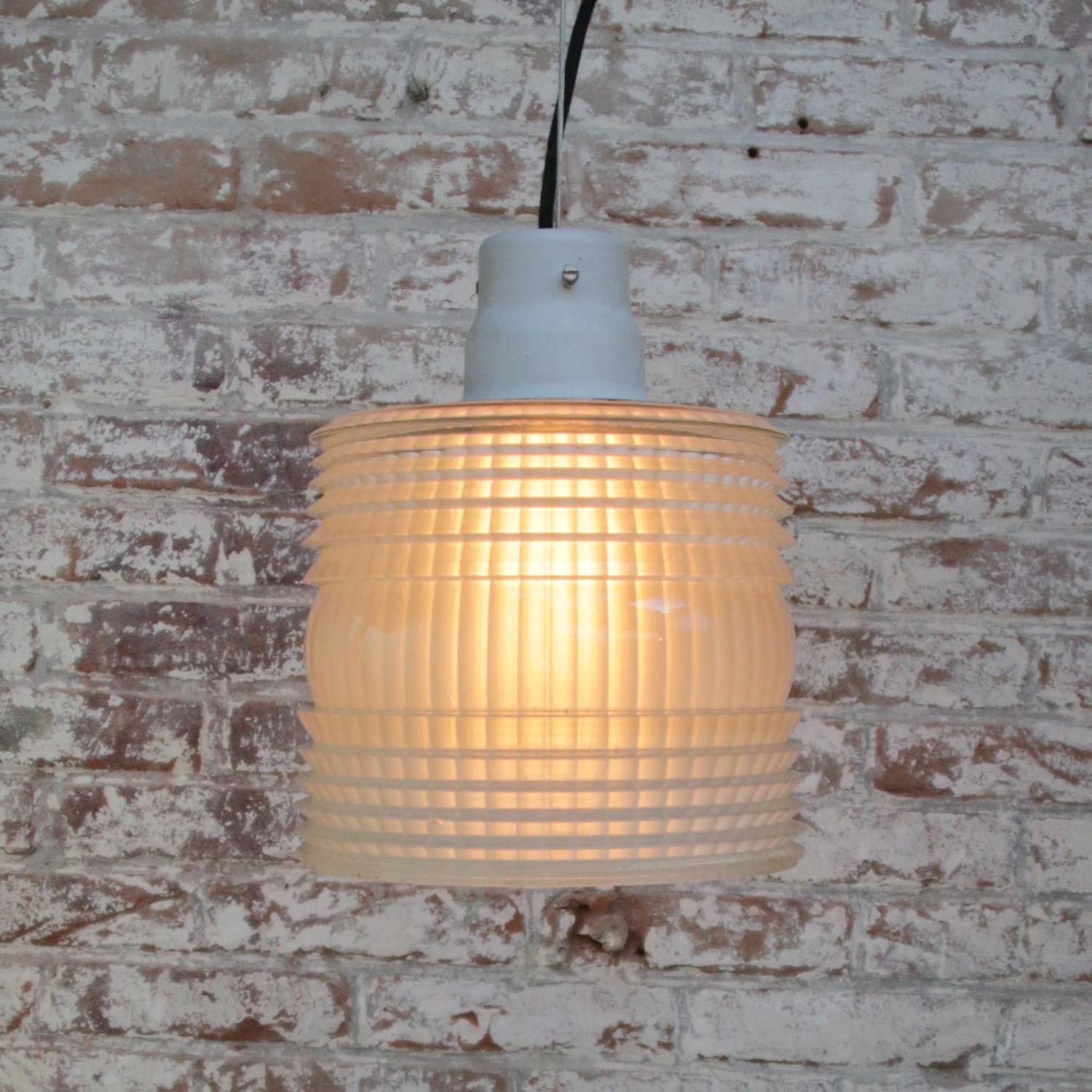 Iron Vintage Industrial Glass Pendant Light by Holophane France