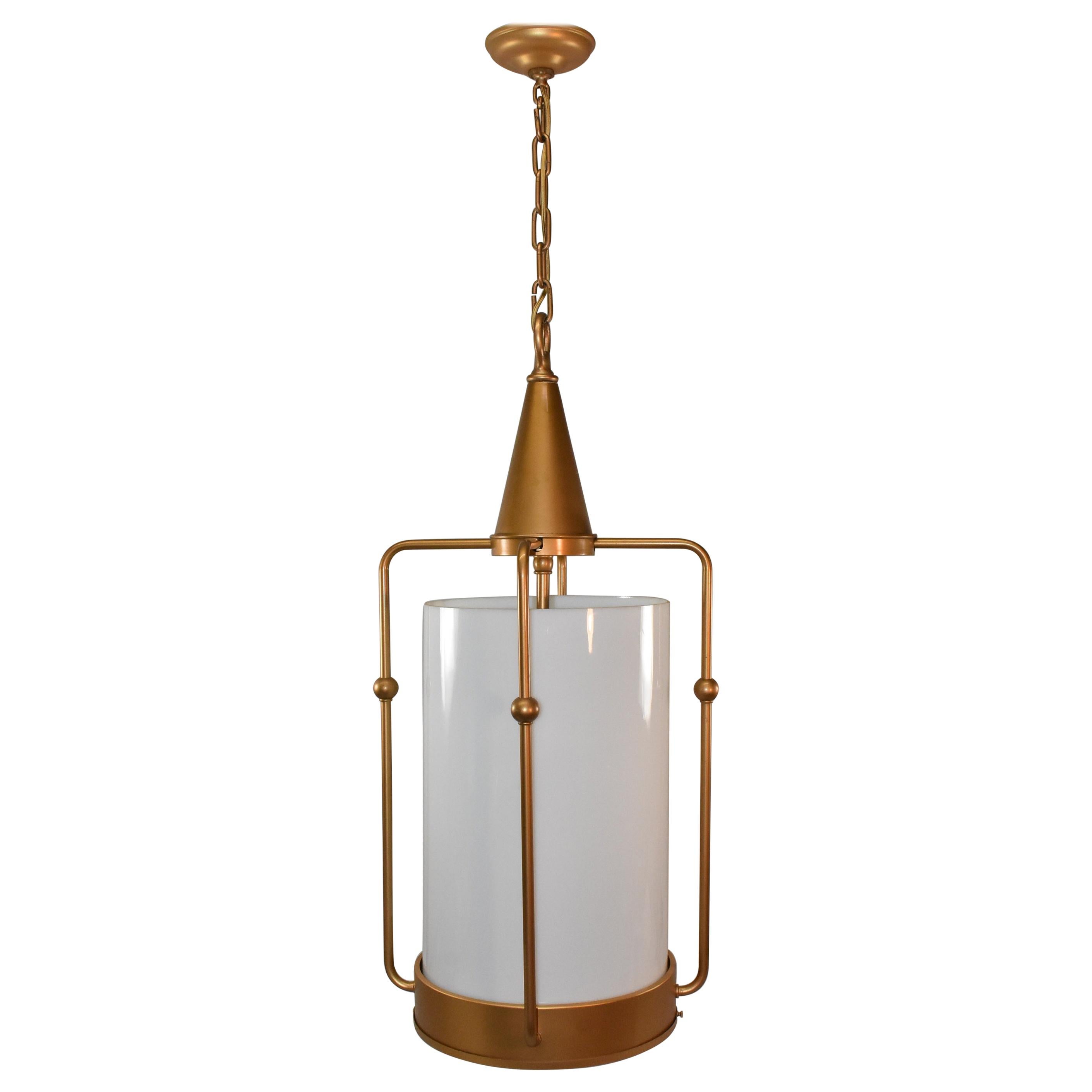 Vintage Industrial Gold and White Glass Cylinder Column Chandelier Pendant For Sale