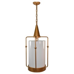 Vintage Industrial Gold and White Glass Cylinder Column Chandelier Pendant