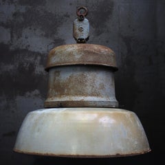 Vintage Industrial Gray Enamel Cast Iron Old Train Station Pendant Light