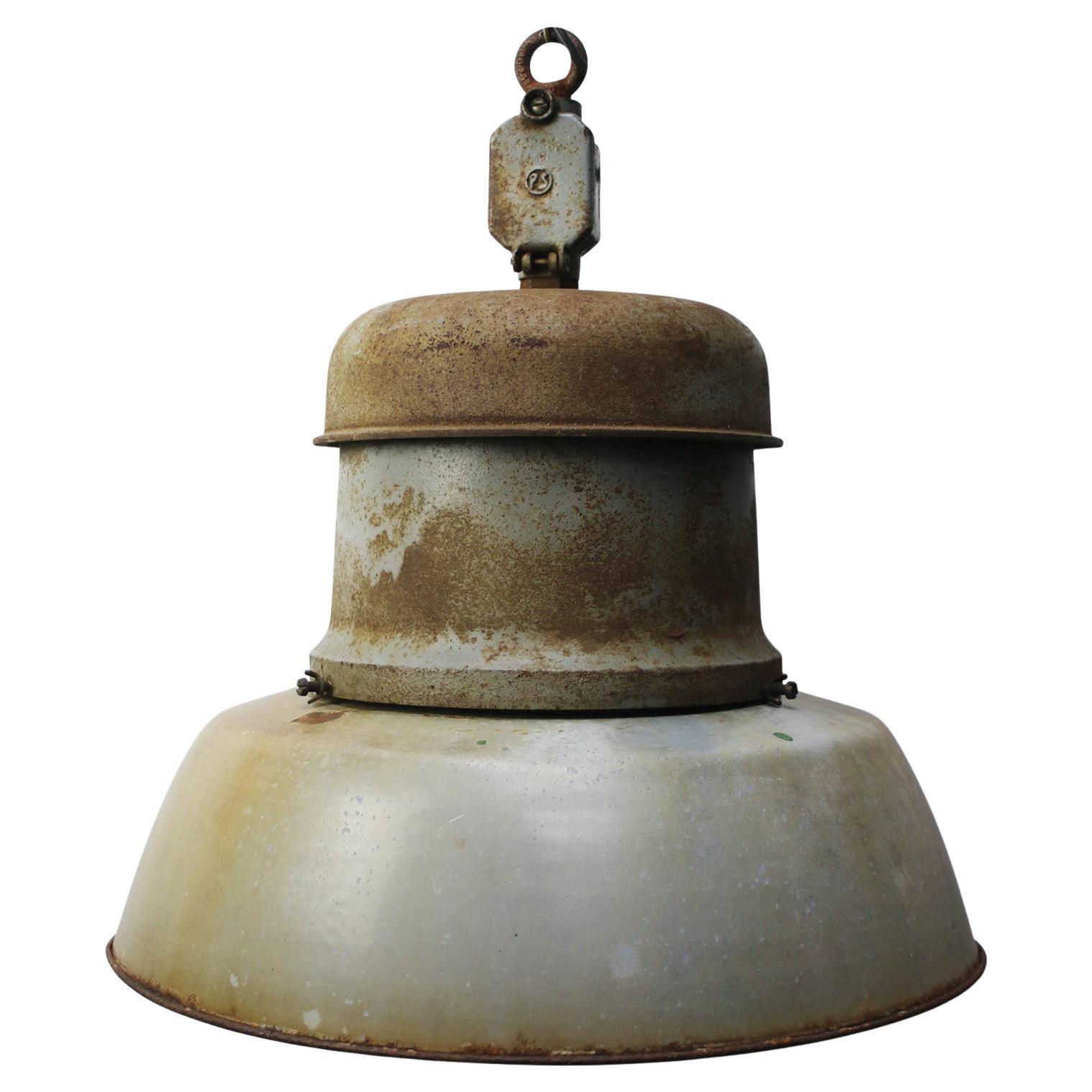 Vintage Industrial Gray Enamel Cast Iron Old Train Station Pendant Light For Sale