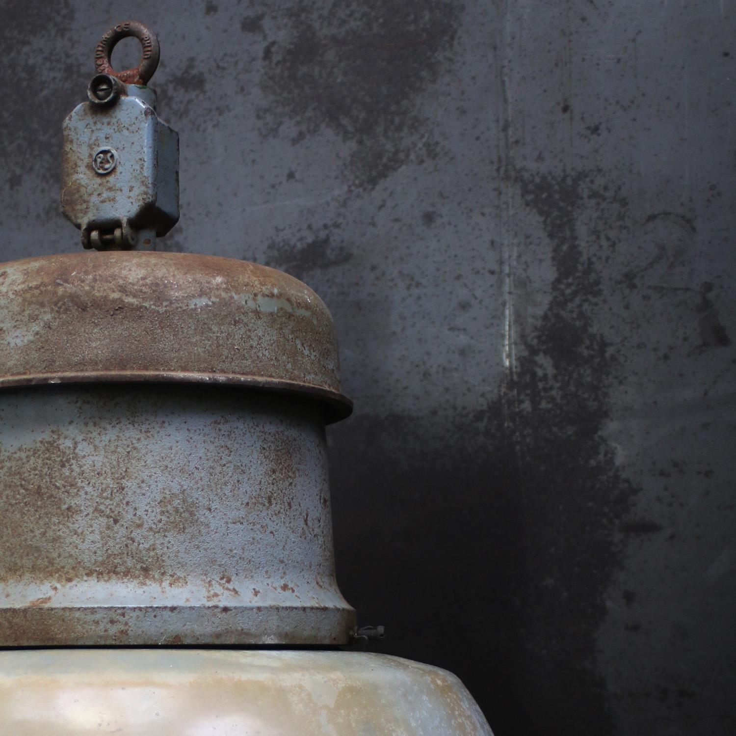 German Vintage Industrial Gray Enamel Cast Iron Old Train Station Pendant Light For Sale