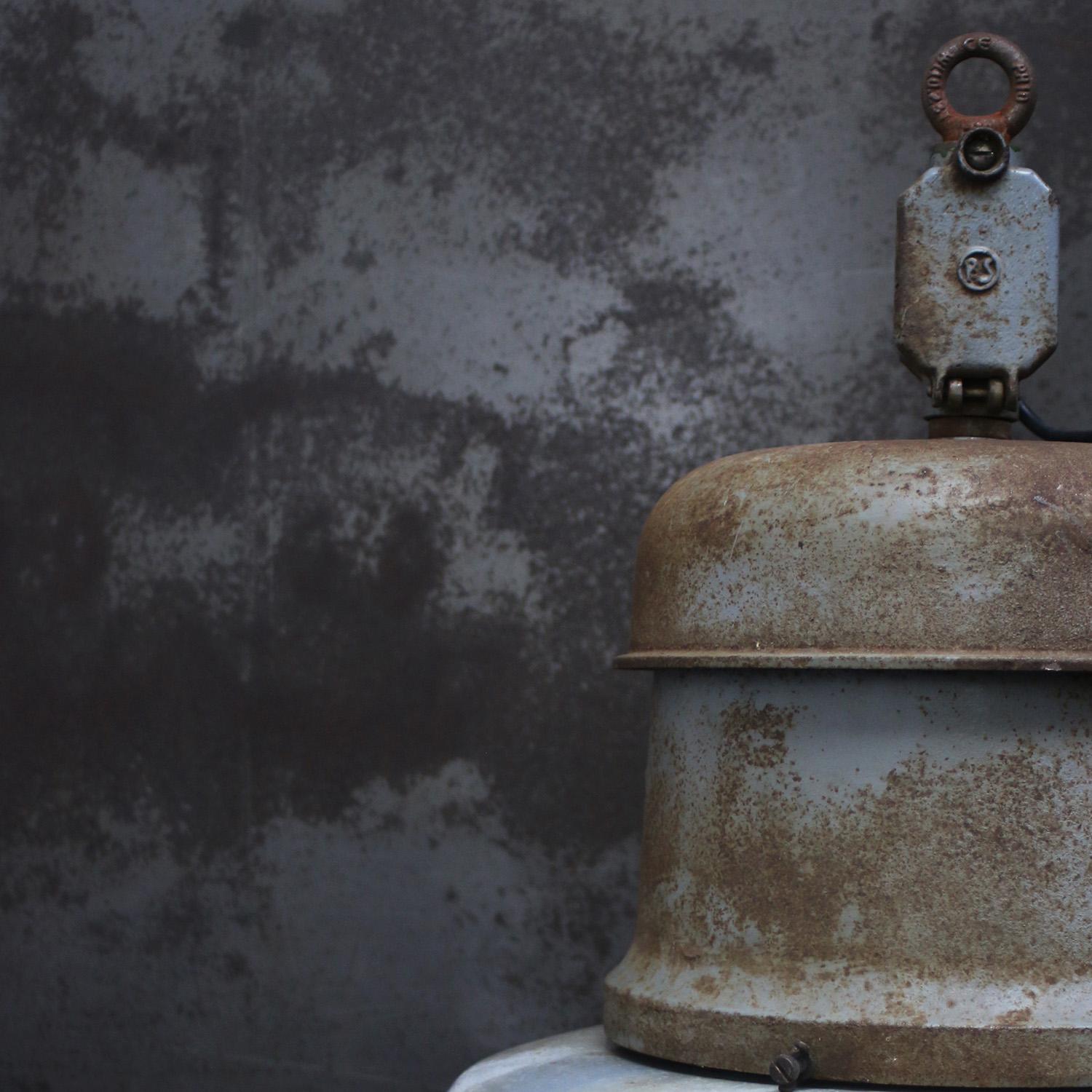 20th Century Vintage Industrial Gray Enamel Cast Iron Old Train Station Pendant Light For Sale