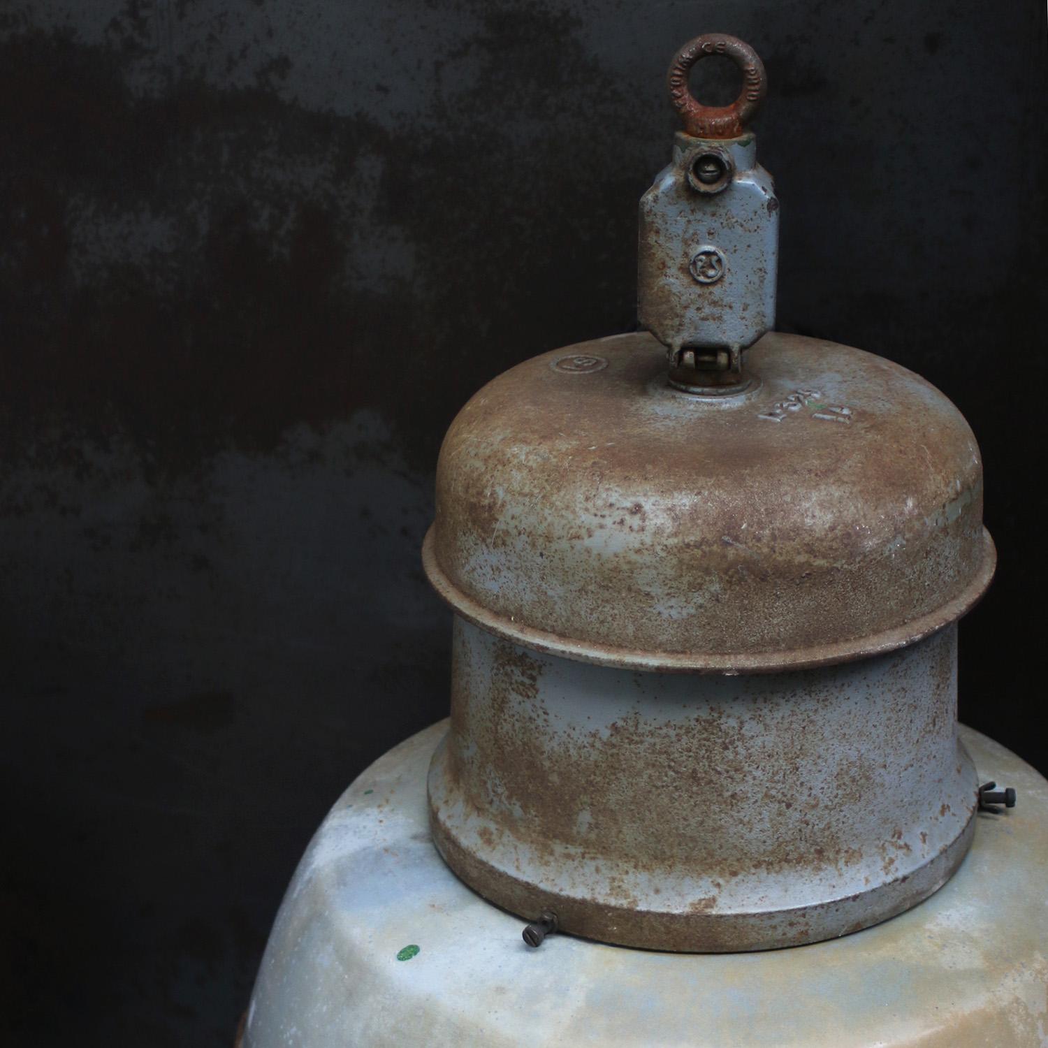 Vintage Industrial Gray Enamel Cast Iron Old Train Station Pendant Light For Sale 1