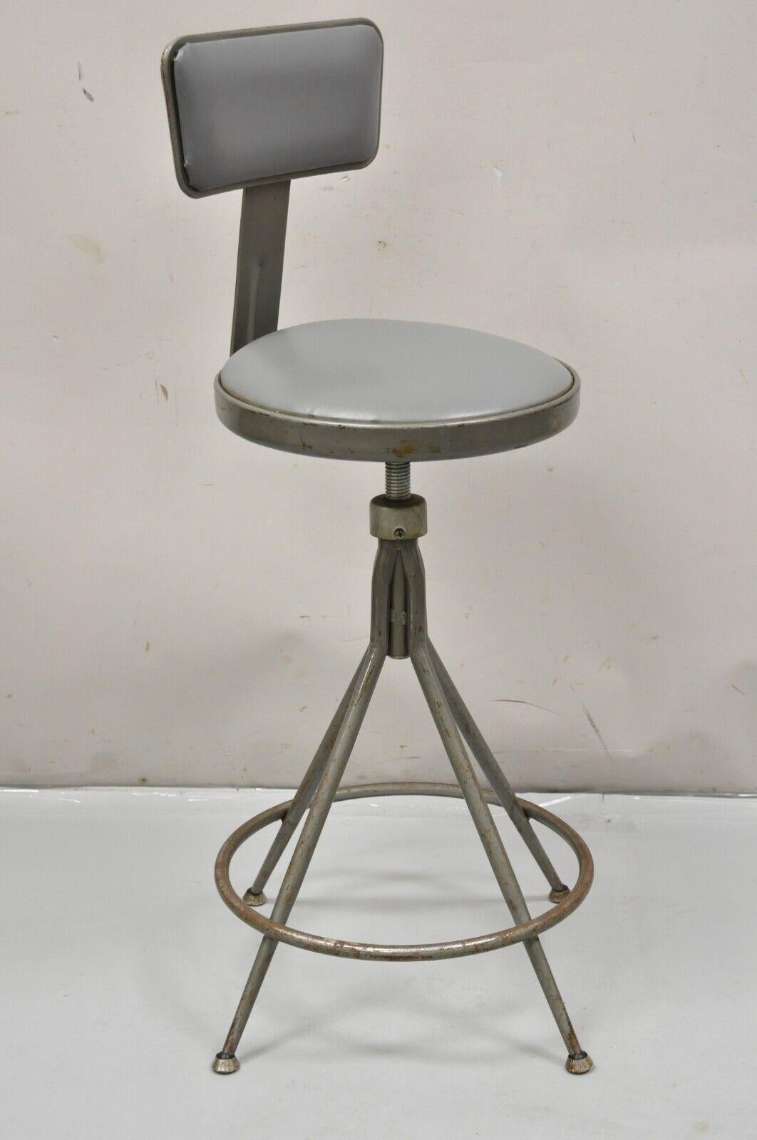 Vintage Industrial Gray Steel Metal Adjustable Drafting Stool Work Chair. Item features Mid 20th Century. Measurements: 40