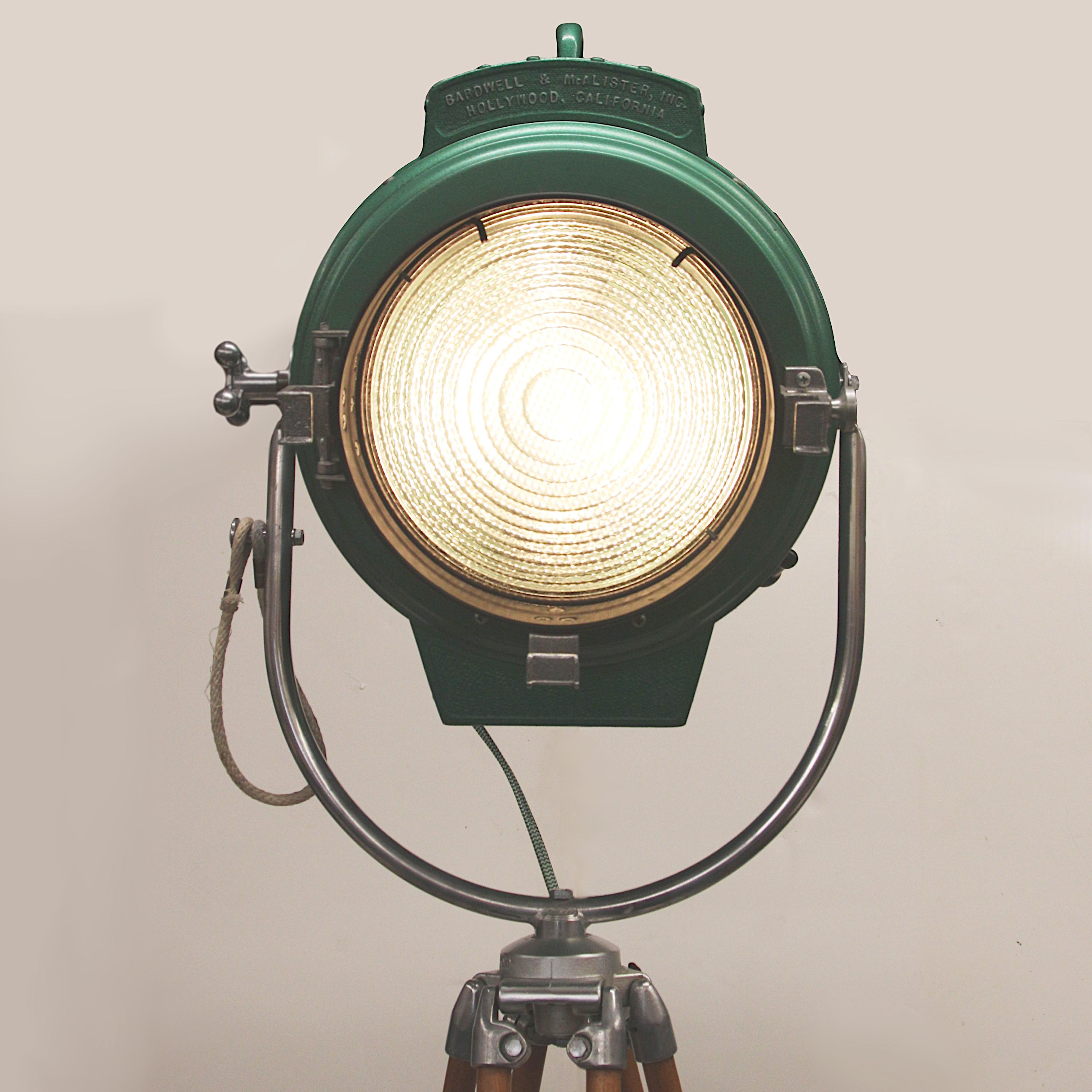 North American Vintage Industrial Green Bardwell & McAlister Junior Spotlight Tripod Floor Lamp For Sale