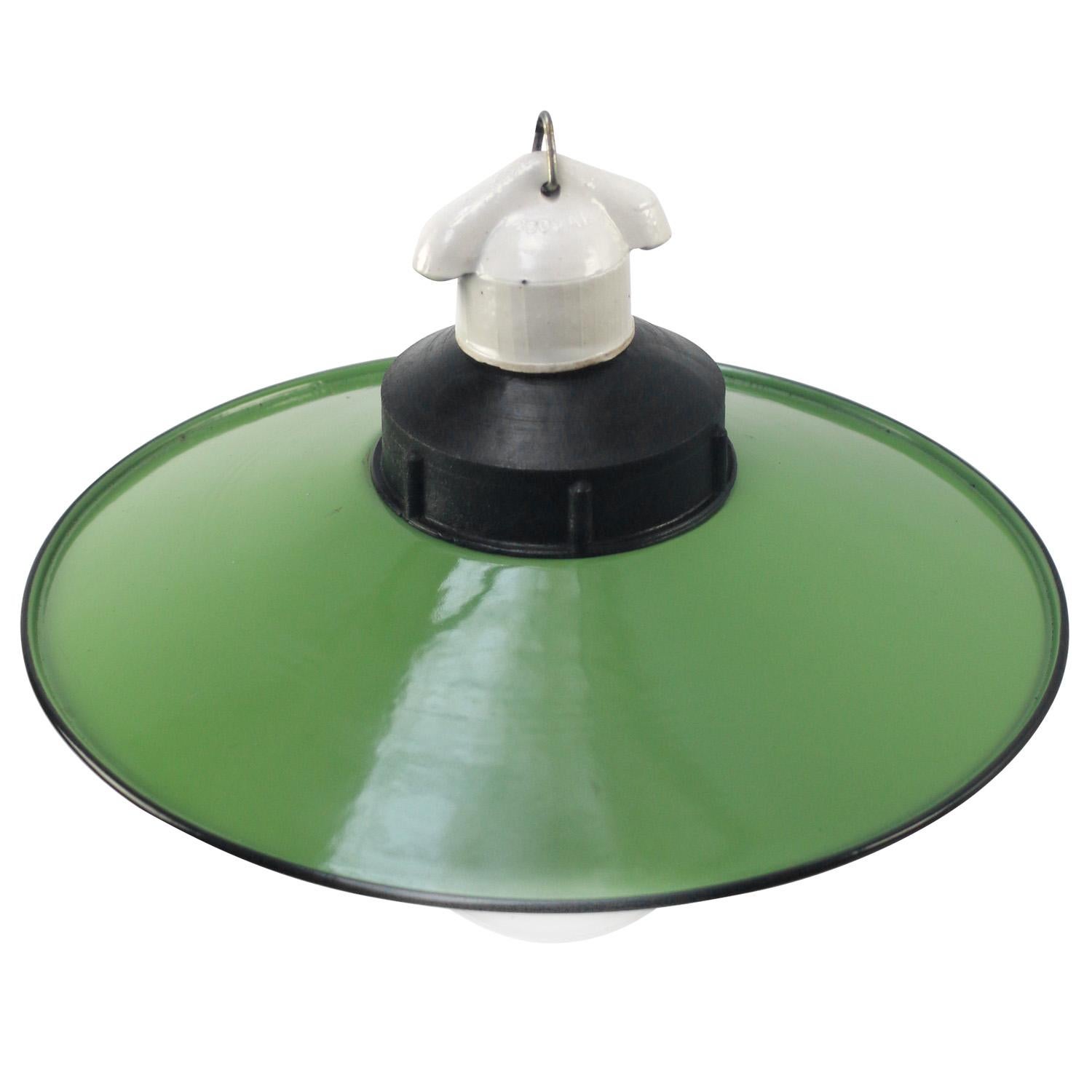 Hungarian Vintage Industrial Green Enamel Porcelain Clear Glass Pendant Light For Sale