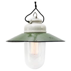 Vintage Industrial Green Enamel Porcelain Clear Glass Pendant Light