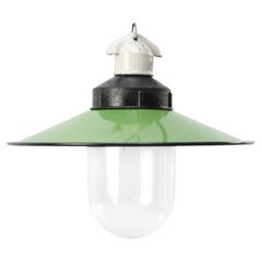 Lampe à suspension industrielle vintage en porcelaine émaillée verte et verre transparent