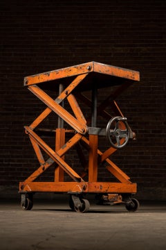 Vintage Industrial Hand Crank Steel Scissor Lift Die Cart