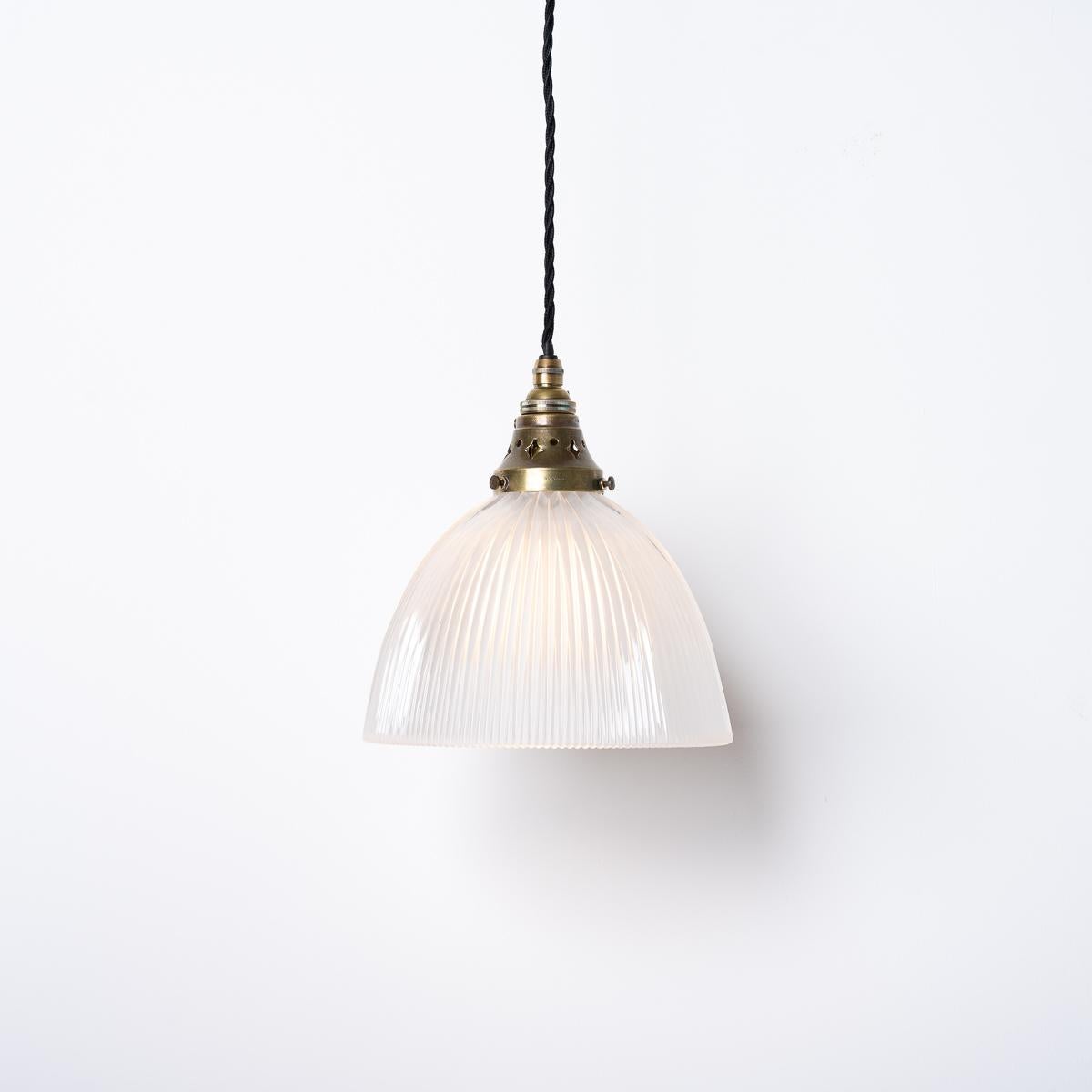 English Vintage Industrial Holophane Frosted Prismatic Glass and Brass Pendant Lights For Sale