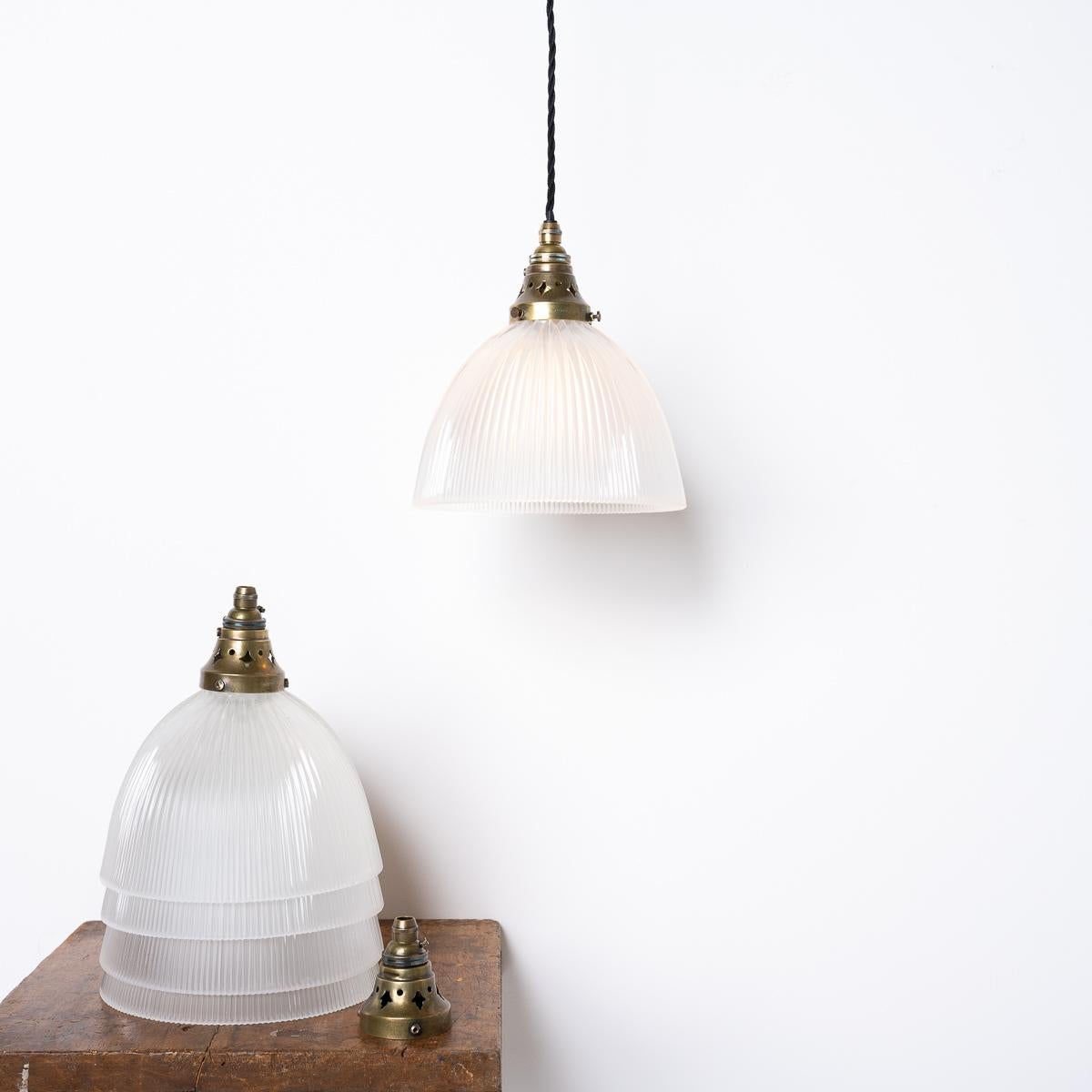 Hand-Crafted Vintage Industrial Holophane Frosted Prismatic Glass and Brass Pendant Lights For Sale