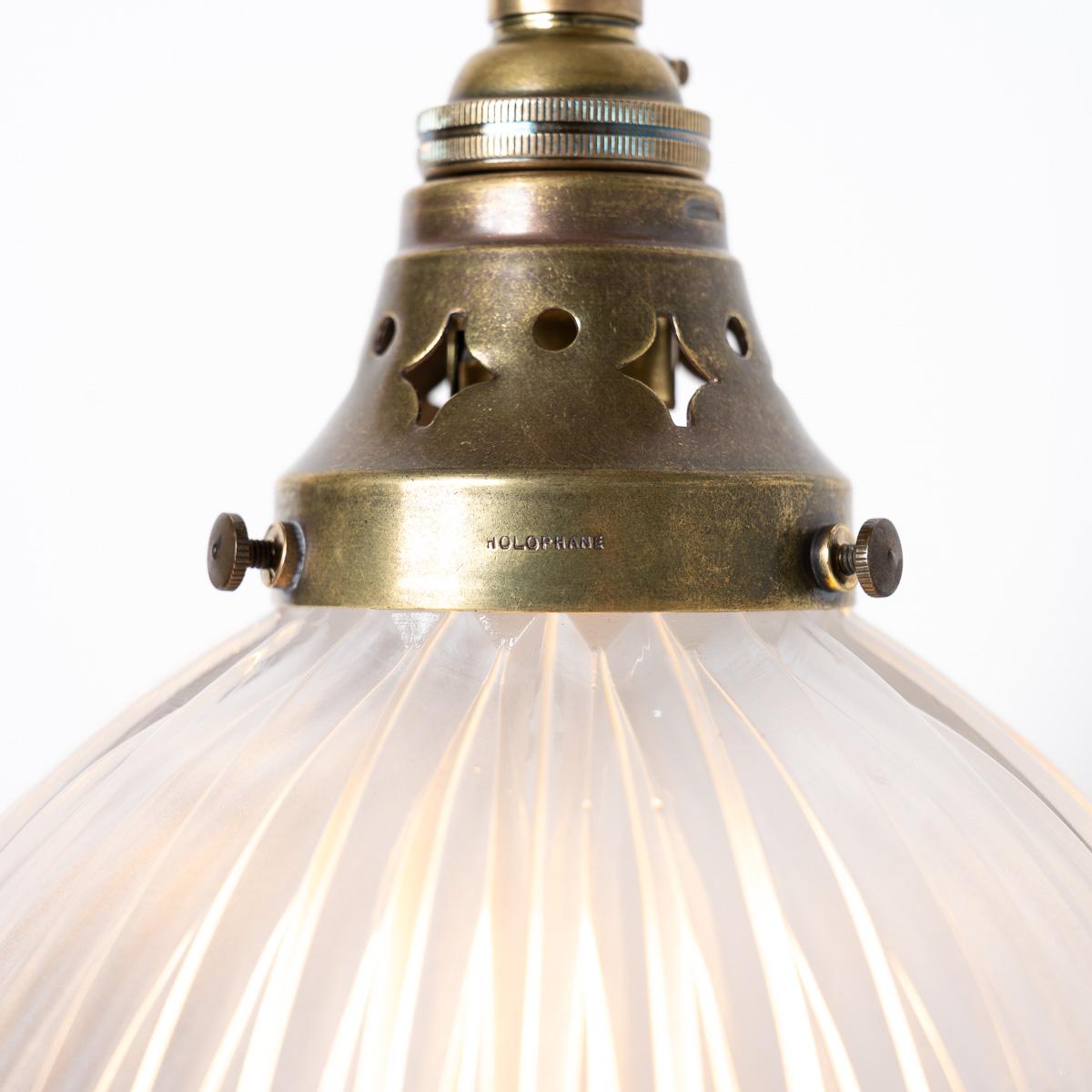 Mid-20th Century Vintage Industrial Holophane Frosted Prismatic Glass and Brass Pendant Lights For Sale