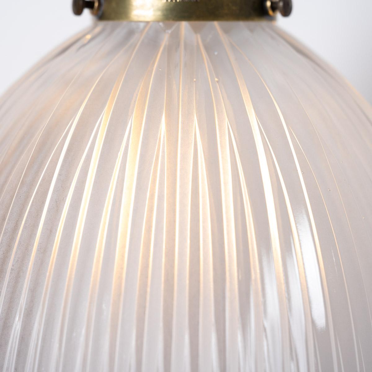 Mid-20th Century Vintage Industrial Holophane Frosted Prismatic Glass and Brass Pendant Lights For Sale