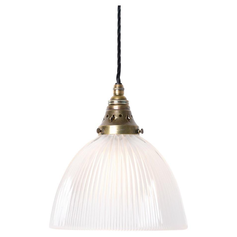 Vintage Industrial Holophane Frosted Prismatic Glass and Brass Pendant Lights For Sale