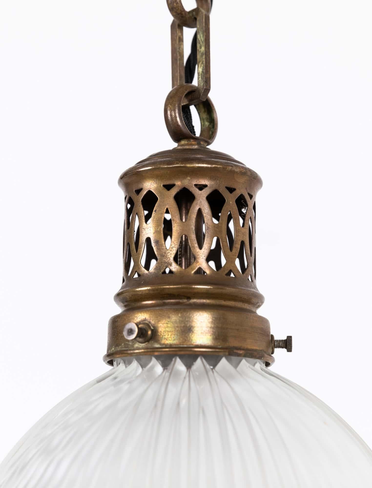 Art Deco Vintage Industrial Holophane Prismatic Glass Pendant Light. 1920 For Sale