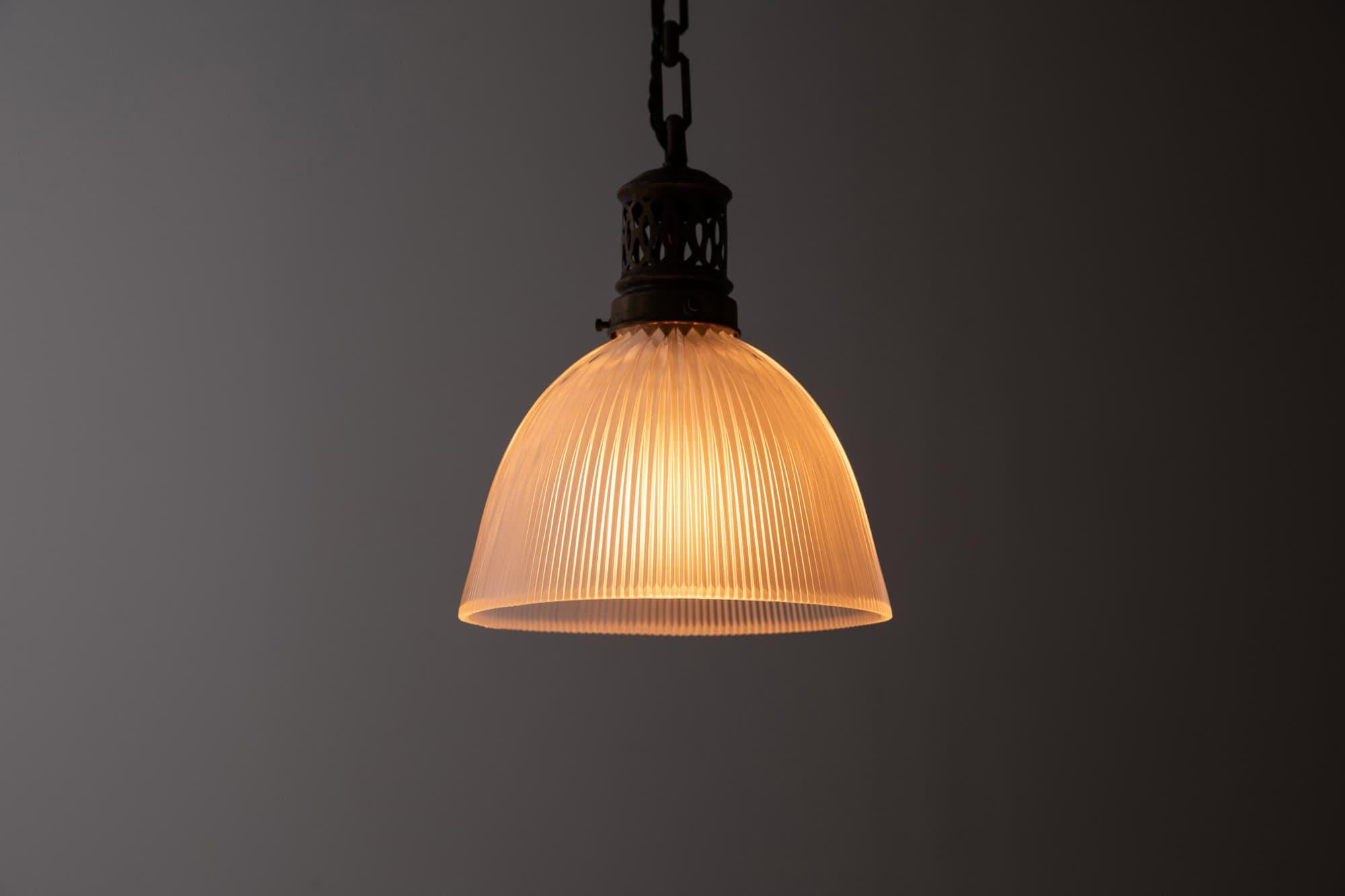 English Vintage Industrial Holophane Prismatic Glass Pendant Light. 1920 For Sale