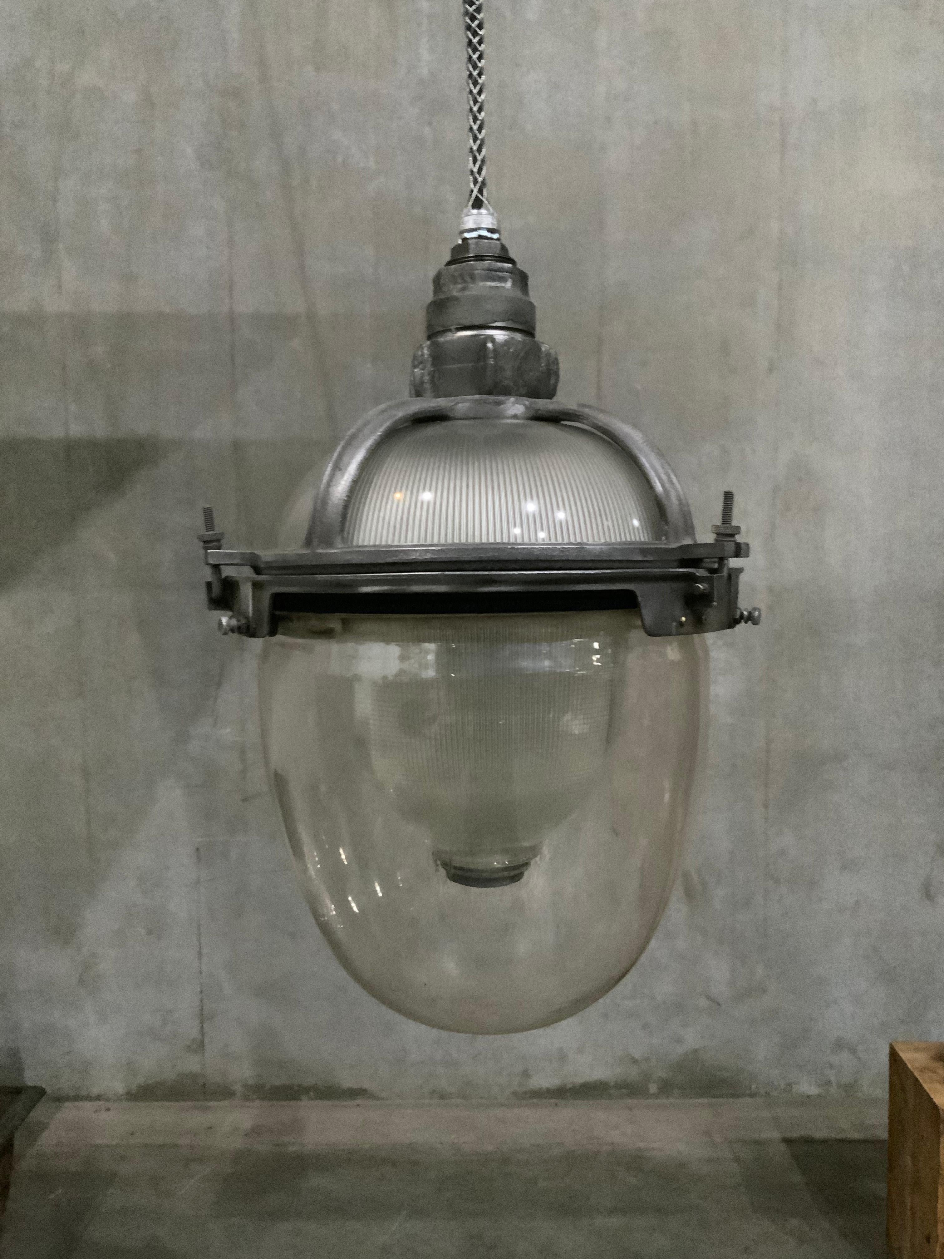 Cast Vintage Industrial Holophane Triple Glass Sub Station Lights