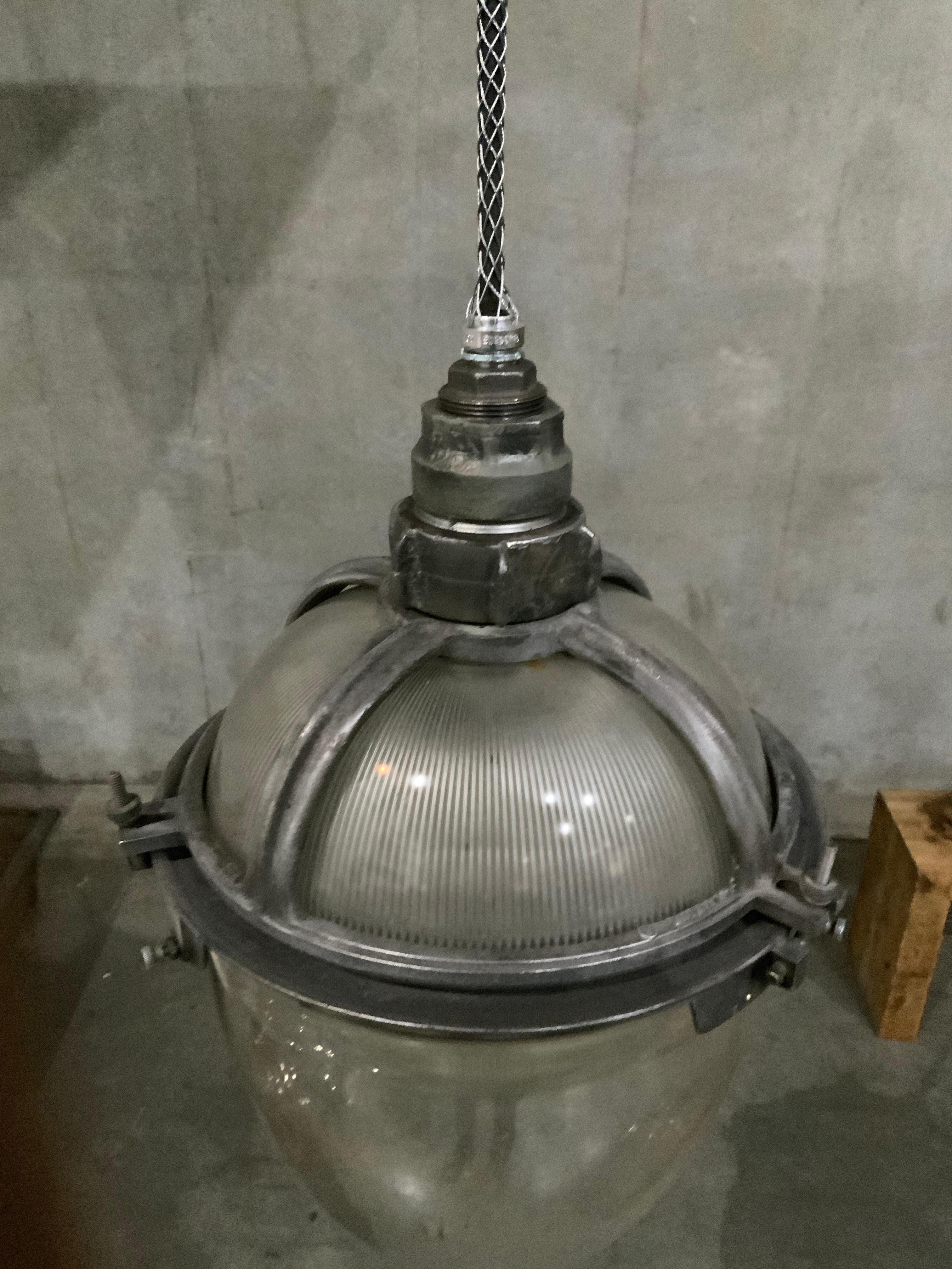 Vintage Industrial Holophane Triple Glass Sub Station Lights In Good Condition In Surrey, BC