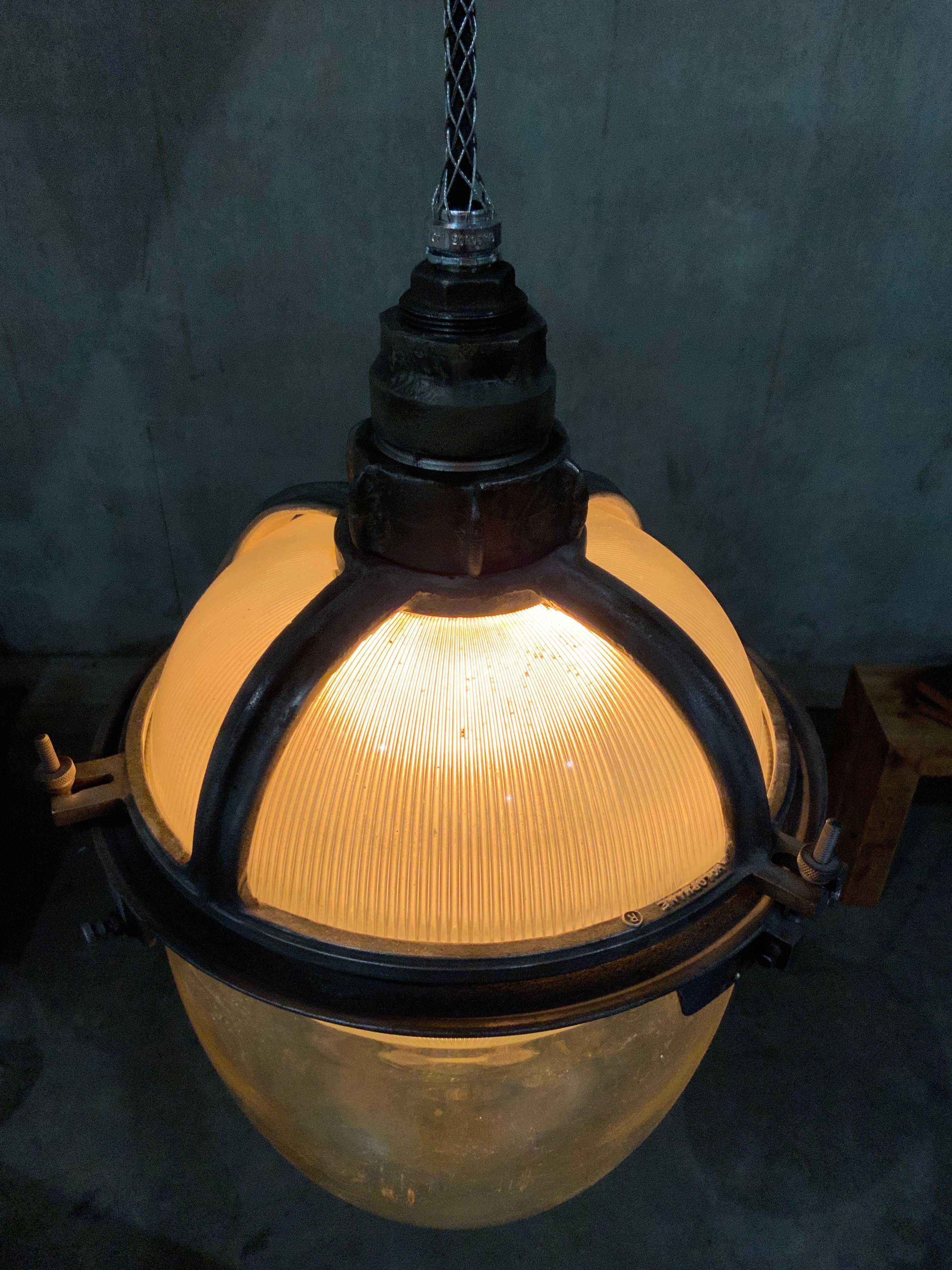 Mid-20th Century Vintage Industrial Holophane Triple Glass Sub Station Lights