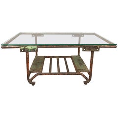 Vintage Industrial Iron and Glass Coffee Table