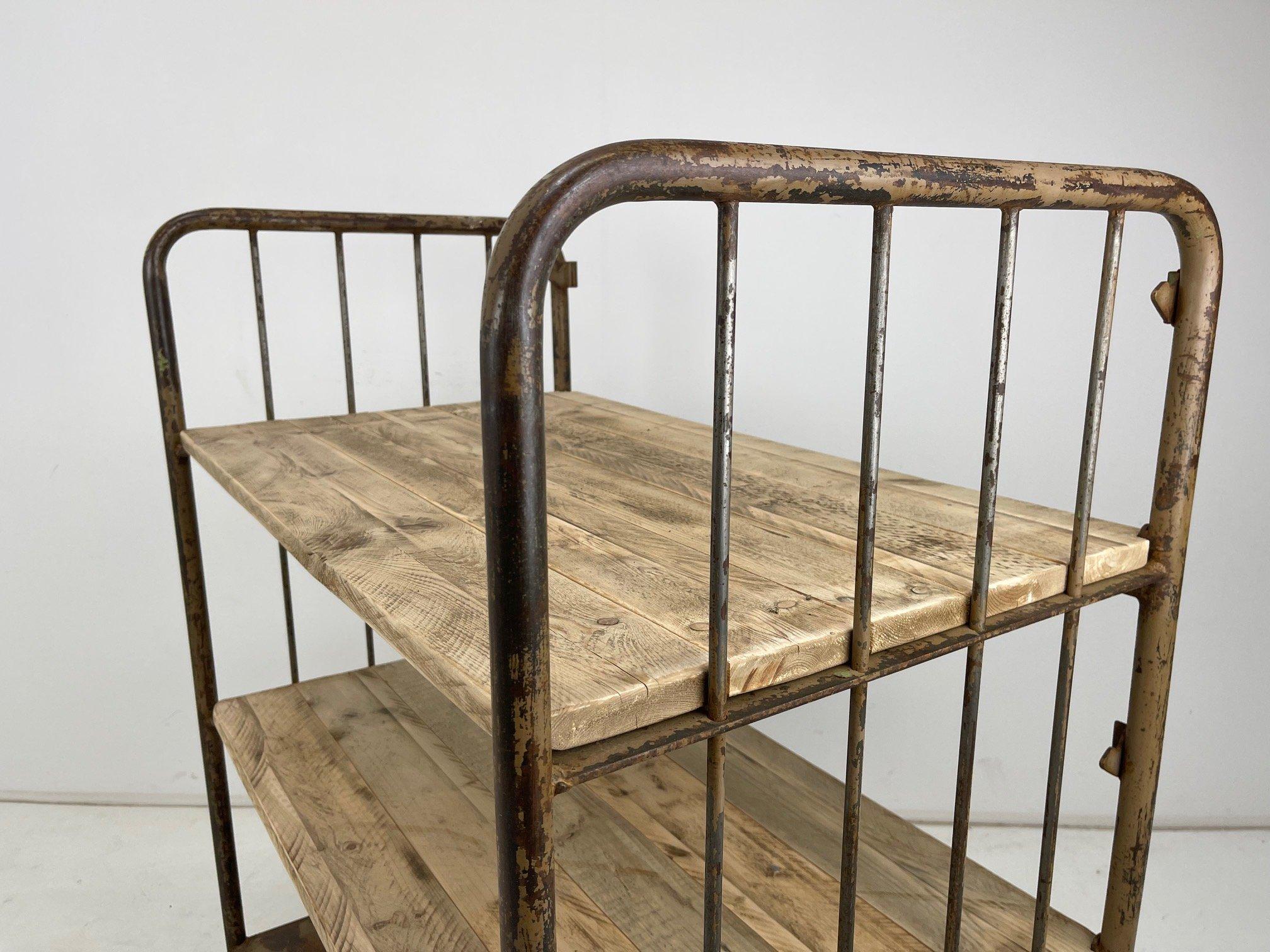Czech Vintage Industrial Iron and Wood Shelves on Wheels For Sale