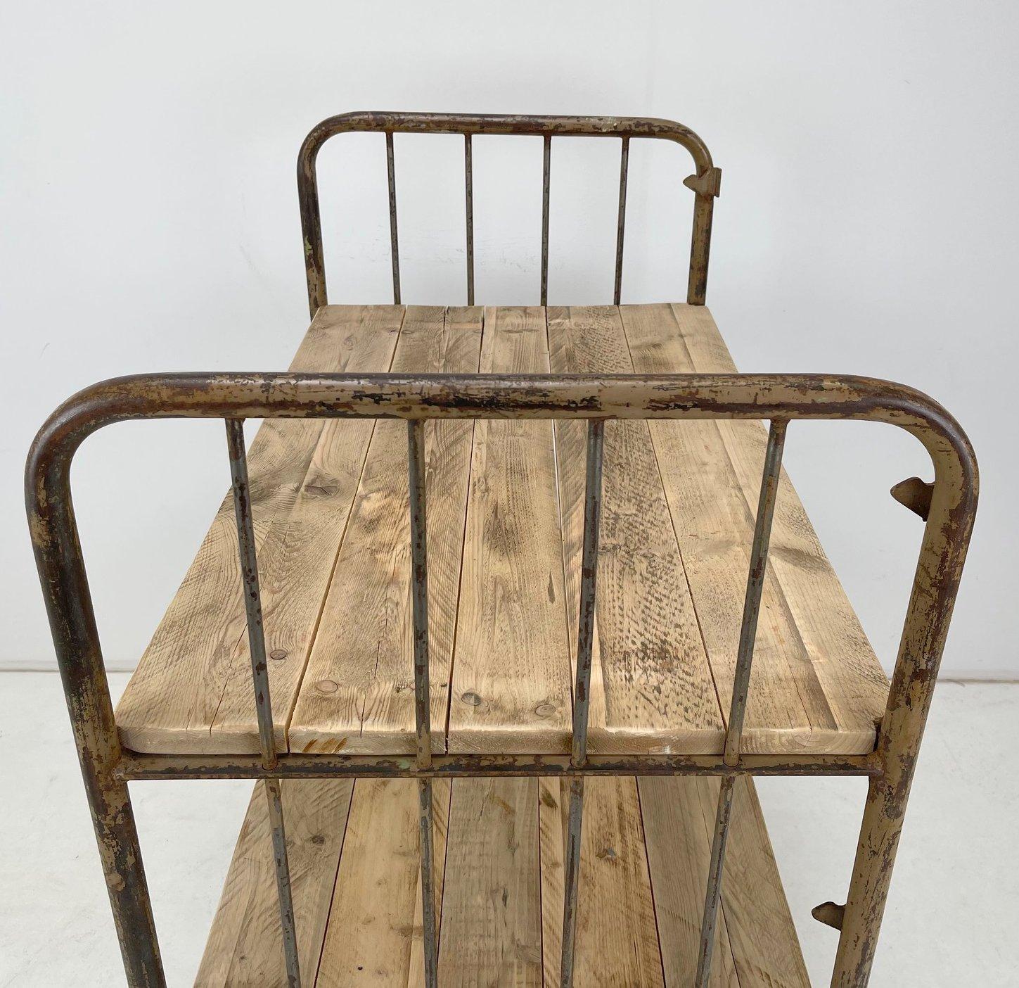 Vintage Industrial Iron and Wood Shelves on Wheels In Good Condition For Sale In Praha, CZ