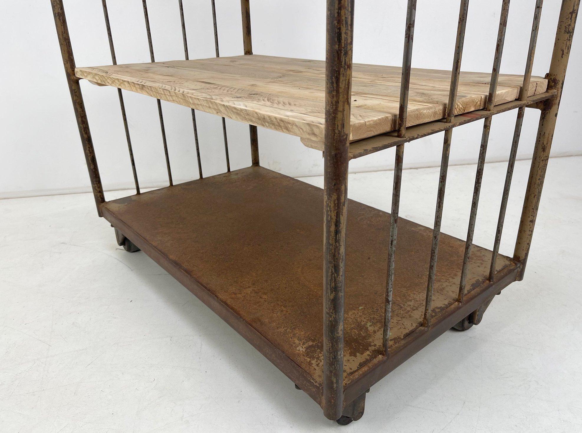20th Century Vintage Industrial Iron and Wood Shelves on Wheels For Sale