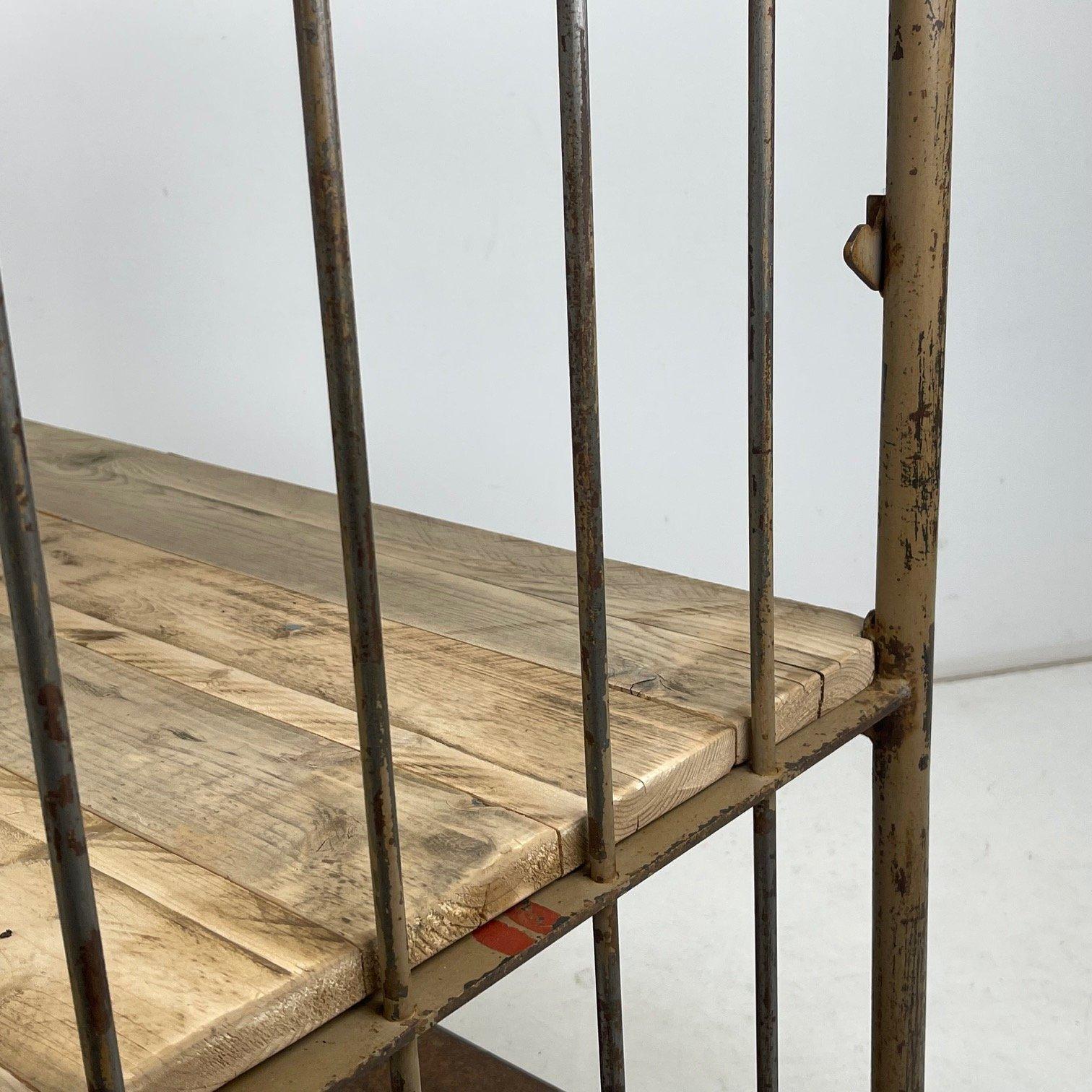 Vintage Industrial Iron and Wood Shelves on Wheels For Sale 1