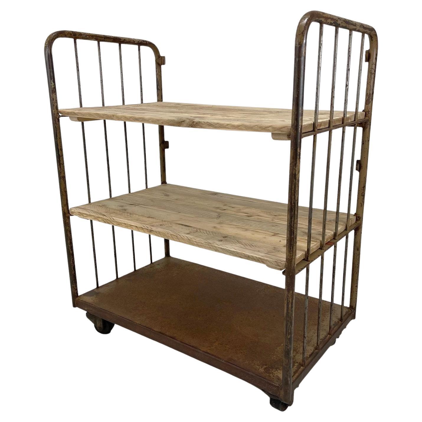 Vintage Industrial Iron and Wood Shelves on Wheels